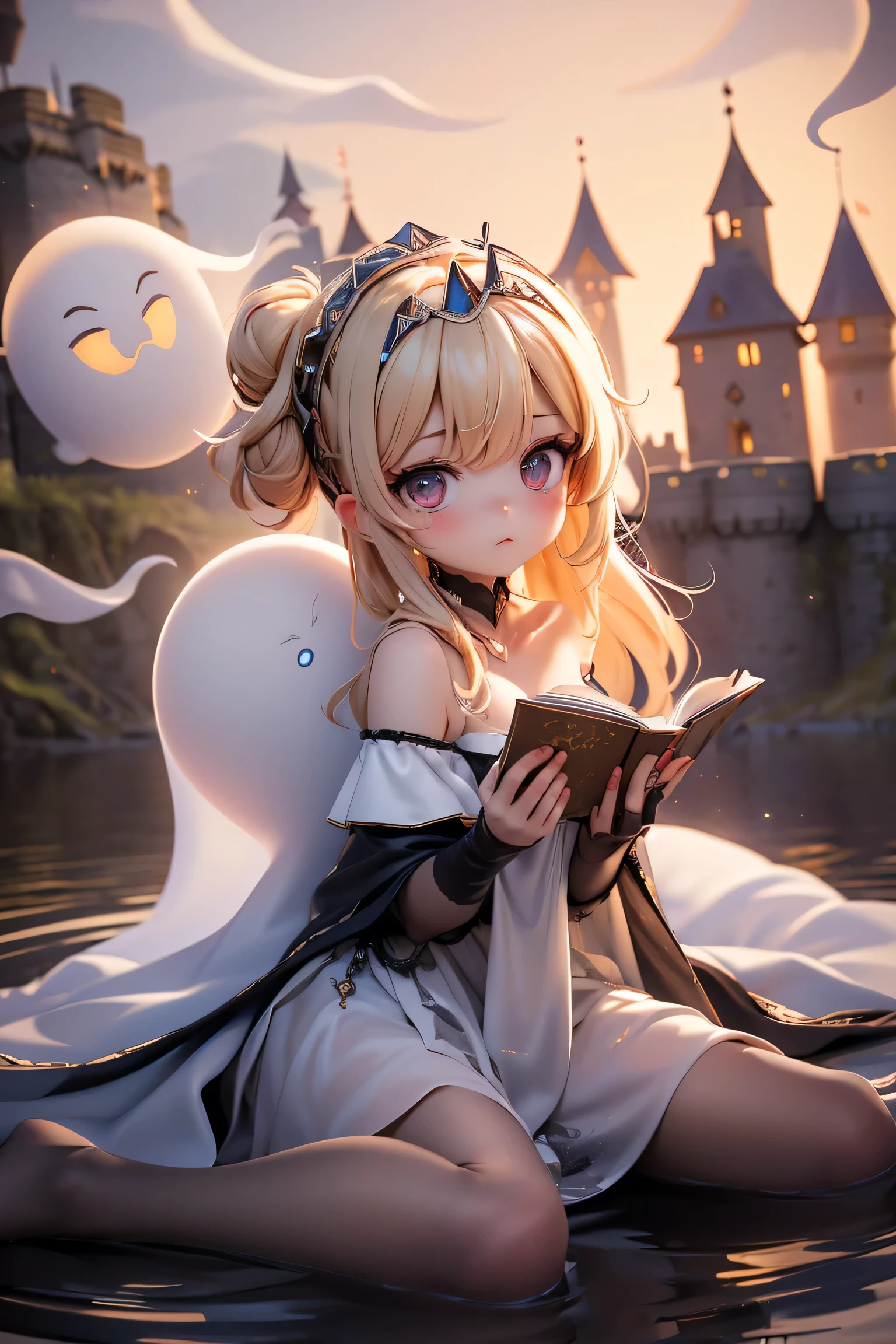 perfecteyes eyes,the ghost of a 15 year old girl。angry expression。staring at the viewer。long blonde hair up to my waist。
(The girl is floating softly in the air:1.4)。
(Dark Castle,Ruined castle:1.4)。
medium breasts。lines have disappeared。has a small opening。
bright red eyes。Madness。Western white costume。Legs Crossed。The area around the knee is transparent、My ankles are completely gone and I can see the background behind。I'm reading a book full of。
Ghosts are around5body。
(fanca,off shoulder,triangular headpiece,ghost costume:1.4),
JoJo pose.
Highest Quality。masterpiece。movie。movie not grounded on the ground。