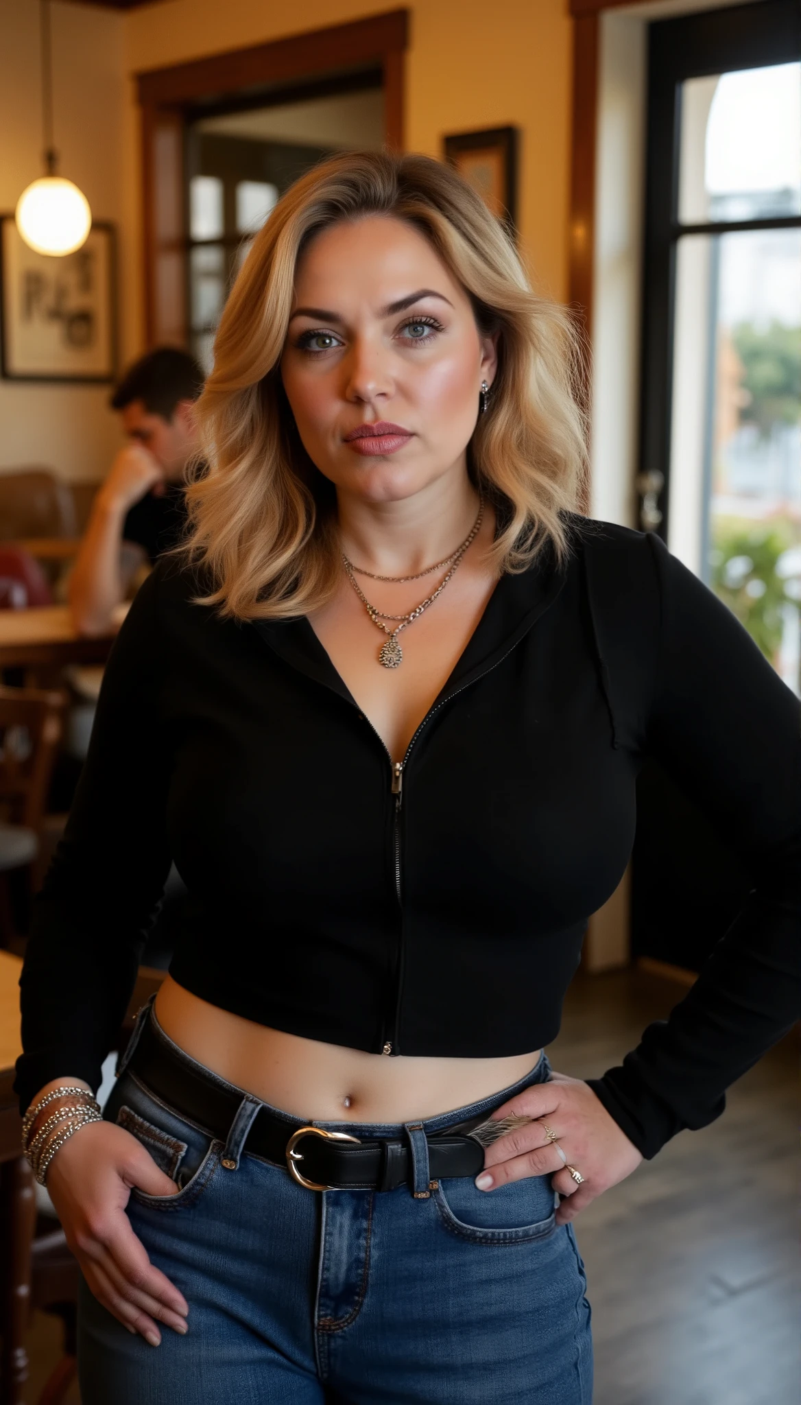 Candid photorealistic portrait of a commanding woman in her 40s with shoulder-length strawberry-blonde wavy hair, exuding superior confidence and authority. Her expression is assertive and self-assured with piercing eyes accentuated by sharp winged eyeliner. Realistic soft curvy body with rounded hips and chubby build, standing with dominant posture in a warm-lit café. She wears a black cropped zip top with attitude, high-waisted stretchy blue jeans with a heart-buckle belt, and layered choker necklaces. Her chin is slightly raised, projecting undeniable presence and power. Natural skin texture with fine lines, captured in cinematic warm tones, authentic body proportions, 85mm portrait lens, shallow depth of field with background bokeh.