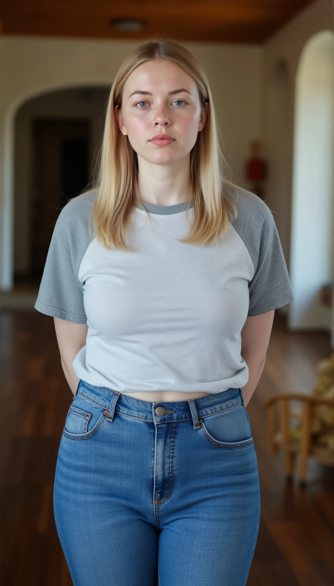 Candid photorealistic portrait of a confident young adult woman with straight, glossy blonde hair and a calm self-assured expression.stout,  bully vibes, bratty, . soft cheeks and natural skin texture. Realistic full figure with wide hips, soft curves, and balanced proportions, standing casually with relaxed posture. Wearing a light grey raglan shirt and high-waisted blue jeans made of slightly stretchy denim that fit naturally, with realistic fabric tension and folds. Minimal accessories, natural lighting, warm indoor background with shallow depth of field, cinematic but realistic tone.
