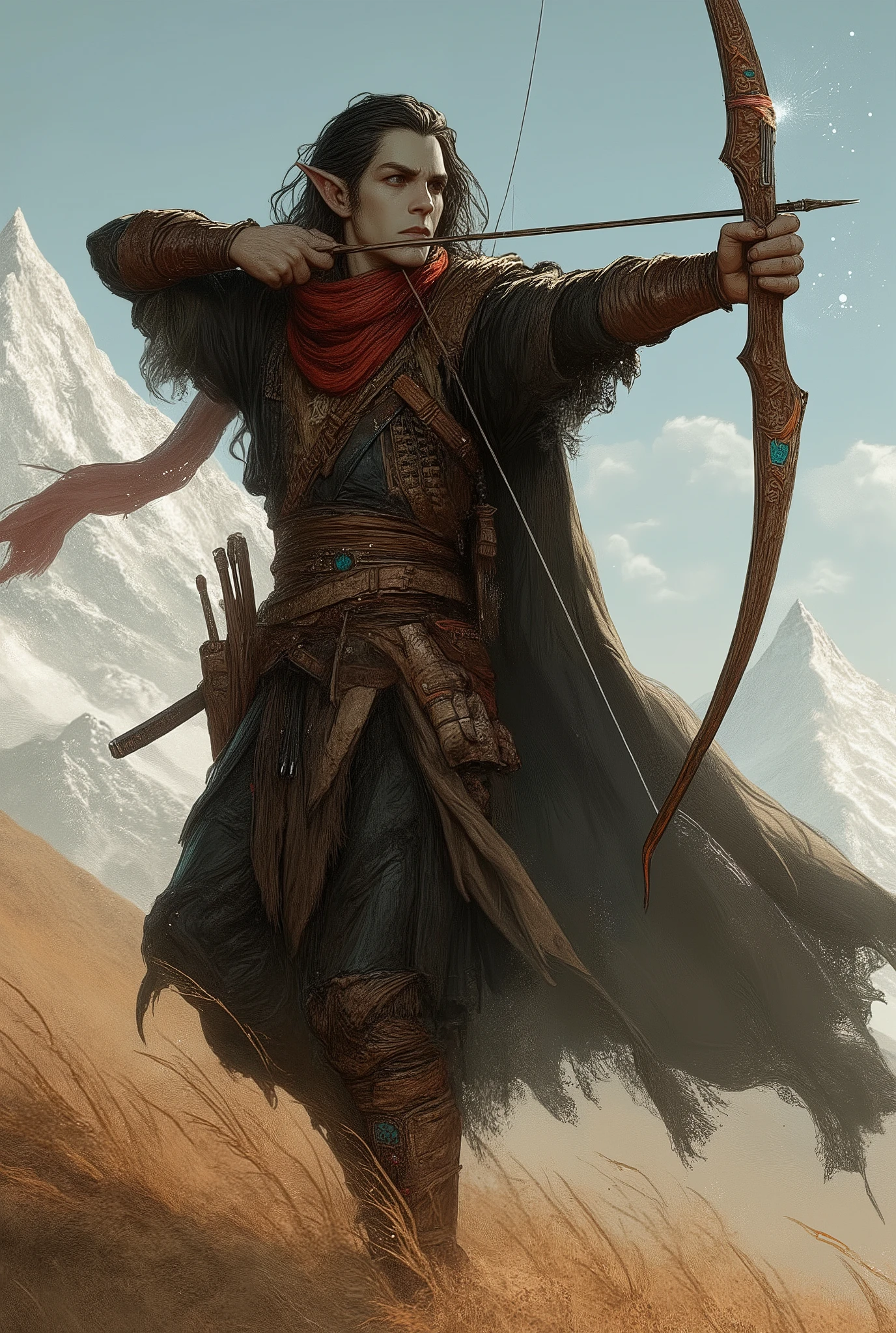 An elven samurai archer standing on a windswept hill, drawing a curved longbow that crackles with faint air marks. He has pointed elven ears and an athletic, toned build, wearing black light-to-medium samurai armor adapted for agility — layered dark robes, leather bracers, and a tattered black poncho with fringed edges. His outfit blends eastern samurai aesthetics with a rugged wanderer look, featuring long black hair, a single long red scarf flowing in the wind, and utility belts with scrolls, arrows, and small charms. A quiver of arrows and a short wakizashi hang at his side. His longbow is ornate, painted with red and turquoise markings. The setting is a misty mountainside or desert ridge, with wind and motion emphasizing his focus and precision.

Fantasy illustration, detailed, dynamic pose, cinematic lighting, art style of Dungeons & Dragons, Baldur’s Gate 3, and Steve Sketches — inspired by Greg Rutkowski and Weta Workshop.