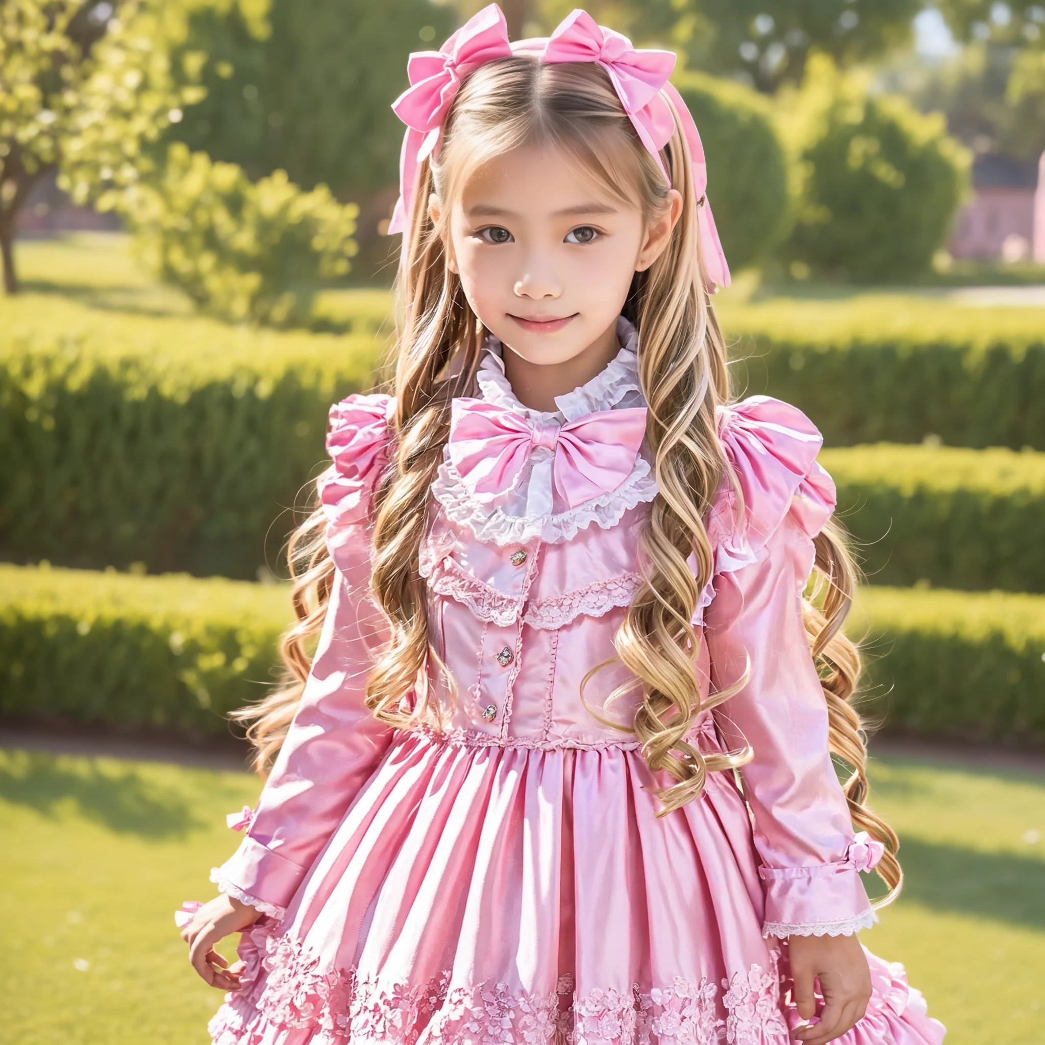 Highest Quality,4K,European girl,10 years old,long blond hair,Clothes with pink ruffles and bows