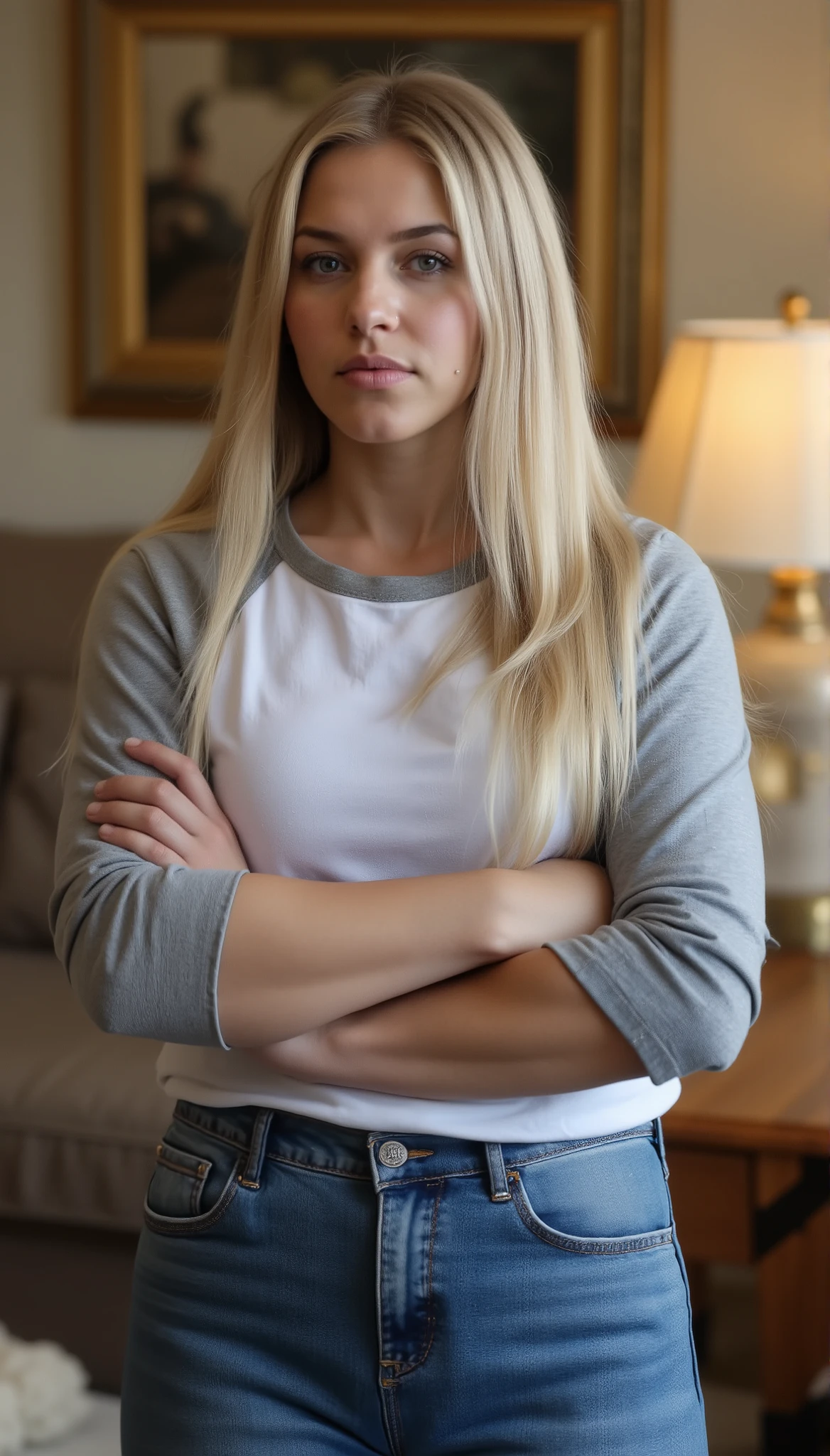 photorealistic portrait of a confident young adult woman with very long straight glossy blonde hair cascading past shoulders, calm self-assured expression with slightly raised eyebrow, natural makeup, soft rounded cheeks with realistic skin texture showing subtle pores and natural imperfections, standing with relaxed yet assertive posture, arms crossed casually, head tilted slightly, full figure with wide hips and soft natural curves, wearing light grey raglan shirt with realistic fabric folds and high-waisted blue jeans that hug her curves naturally, minimal accessories limited to small stud earrings, captured in warm indoor lighting with soft shadows defining facial features, shallow depth of field blurring a cozy living room background, cinematic color grading with natural skin tones, shot with 85mm lens, photorealistic, hyperdetailed, bratty confident demeanor