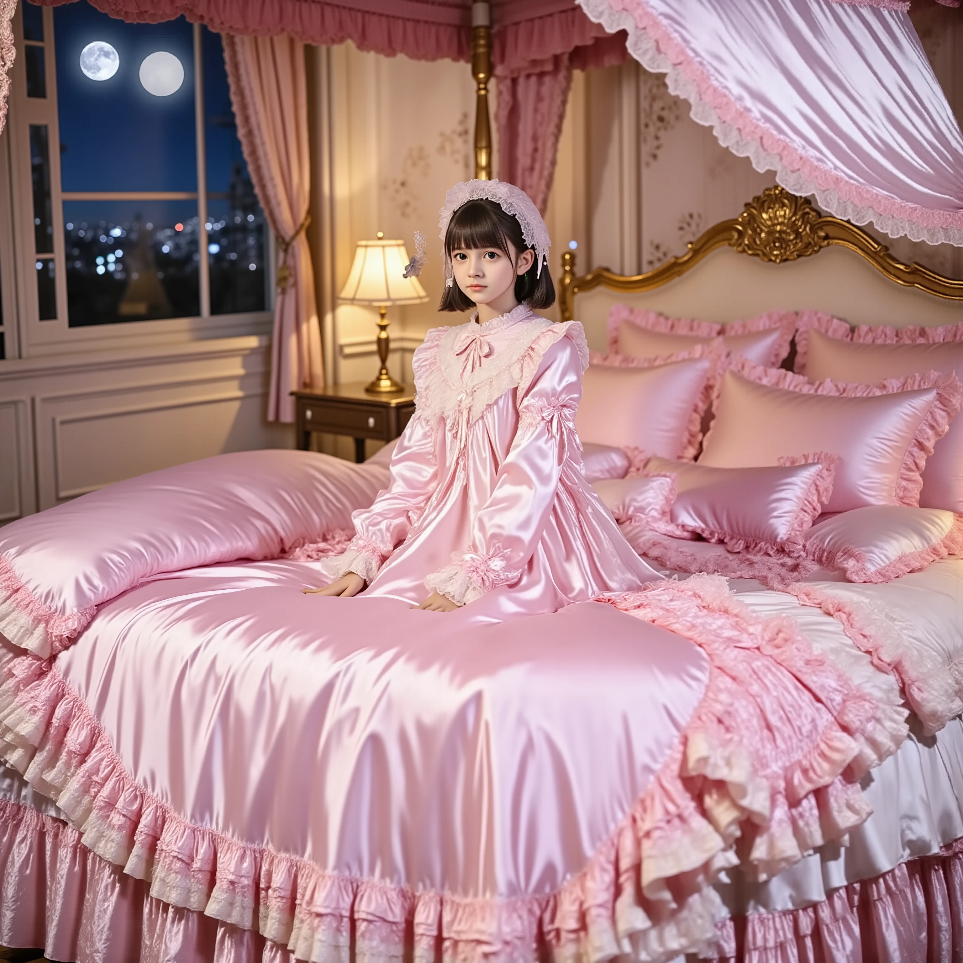 (( Distant view,full body:1.0)),Highest Quality, masterpiece, highest resolution, art work, super それにget used to it, many get used to it, get used to it, それにget used to it, 3k photos,,Three Daughters of a Noble Family, ((10 year old Japanese girl)),get used to an ultra-fine young face,,nice smile,Baby-Like Face,short,,(((straight long hair))),,(((pastel silk satin nightgown with lots of ruffles and bows,1920s style victorian nightgown:1.2))),((ruffle mob cap with ribbon)),((detailed yoke collar with ruffles and bows,detailed ruffle placket:1.0)),((long sleeve,puff sleeve with ribbon, ruffle sleeve )),((ruffle long skirt up to the ankle:1.0)),((full bodyが映っている)),(goddess),(fixed bed),Night view and moon through the window,Before going to bed , white ruffle socks,behind a luxurious canopy bed,super detailed background,