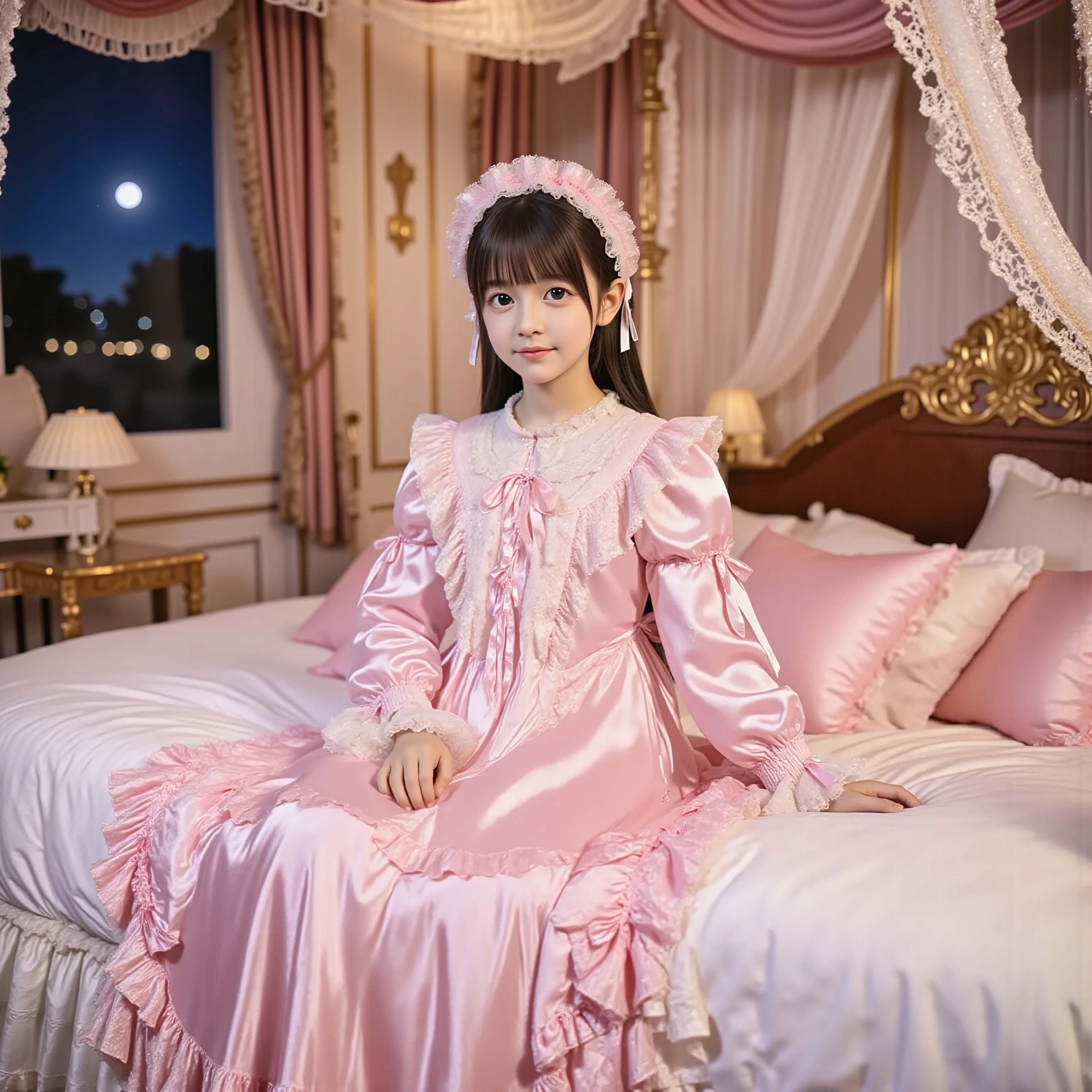 (( Distant view,full body:1.0)),Highest Quality, masterpiece, highest resolution, art work, super それにget used to it, many get used to it, get used to it, それにget used to it, 3k photos,,Three Daughters of a Noble Family, ((10 year old Japanese girl)),get used to an ultra-fine young face,,nice smile,Baby-Like Face,short,,(((straight long hair))),,(((pastel silk satin nightgown with lots of ruffles and bows,1920s style victorian nightgown:1.2))),((ruffle mob cap with ribbon)),((detailed yoke collar with ruffles and bows,detailed ruffle placket:1.0)),((long sleeve,puff sleeve with ribbon, ruffle sleeve )),((ruffle long skirt up to the ankle:1.0)),((full bodyが映っている)),(goddess),(fixed bed),Night view and moon through the window,Before going to bed , white ruffle socks,behind a luxurious canopy bed,super detailed background,
