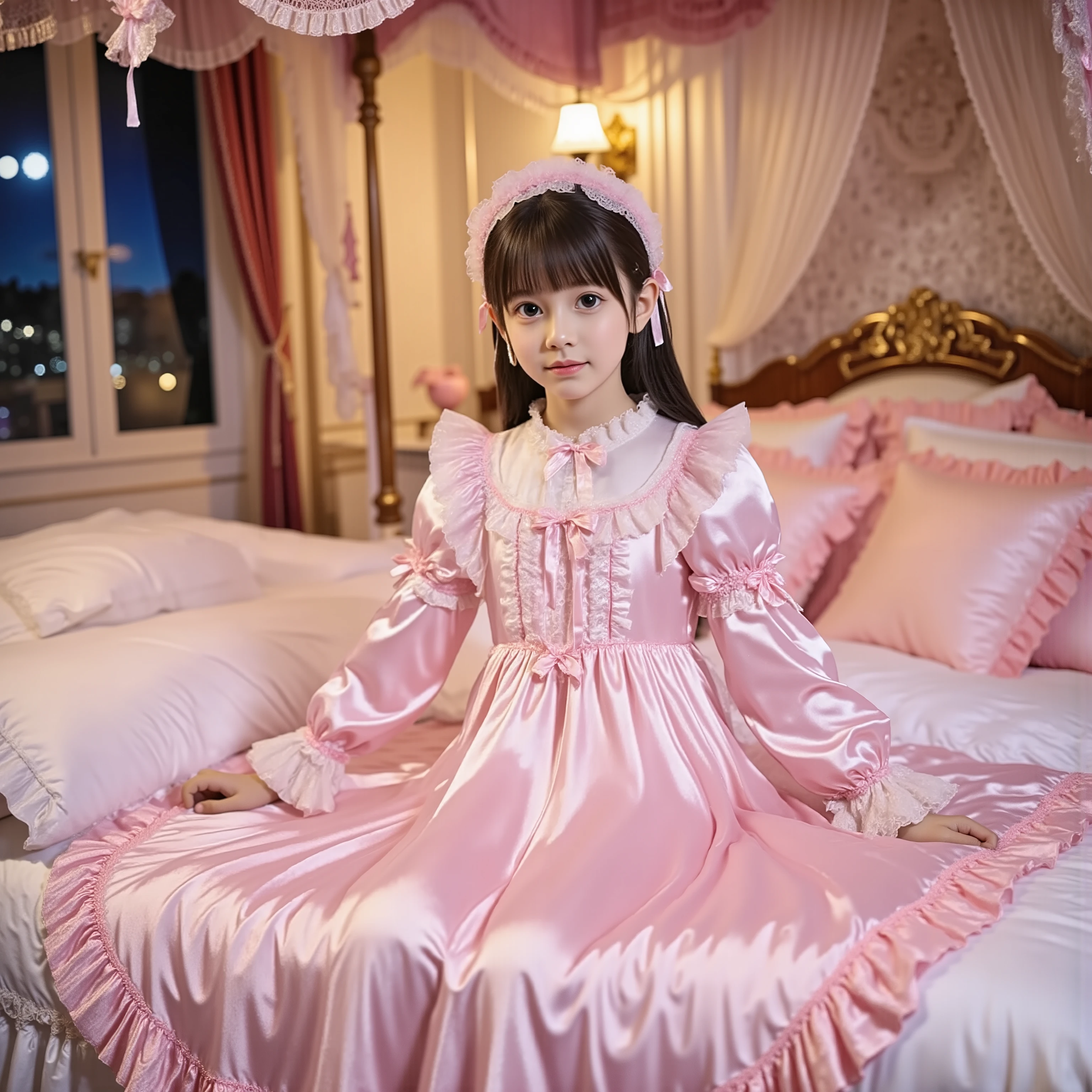 (( Distant view,full body:1.0)),Highest Quality, masterpiece, highest resolution, art work, super それにget used to it, many get used to it, get used to it, それにget used to it, 3k photos,,Three Daughters of a Noble Family, ((10 year old Japanese girl)),get used to an ultra-fine young face,,nice smile,Baby-Like Face,short,,(((straight long hair))),,(((pastel silk satin nightgown with lots of ruffles and bows,1920s style victorian nightgown:1.2))),((ruffle mob cap with ribbon)),((detailed yoke collar with ruffles and bows,detailed ruffle placket:1.0)),((long sleeve,puff sleeve with ribbon, ruffle sleeve )),((ruffle long skirt up to the ankle:1.0)),((full bodyが映っている)),(goddess),(fixed bed),Night view and moon through the window,Before going to bed , white ruffle socks,behind a luxurious canopy bed,super detailed background,