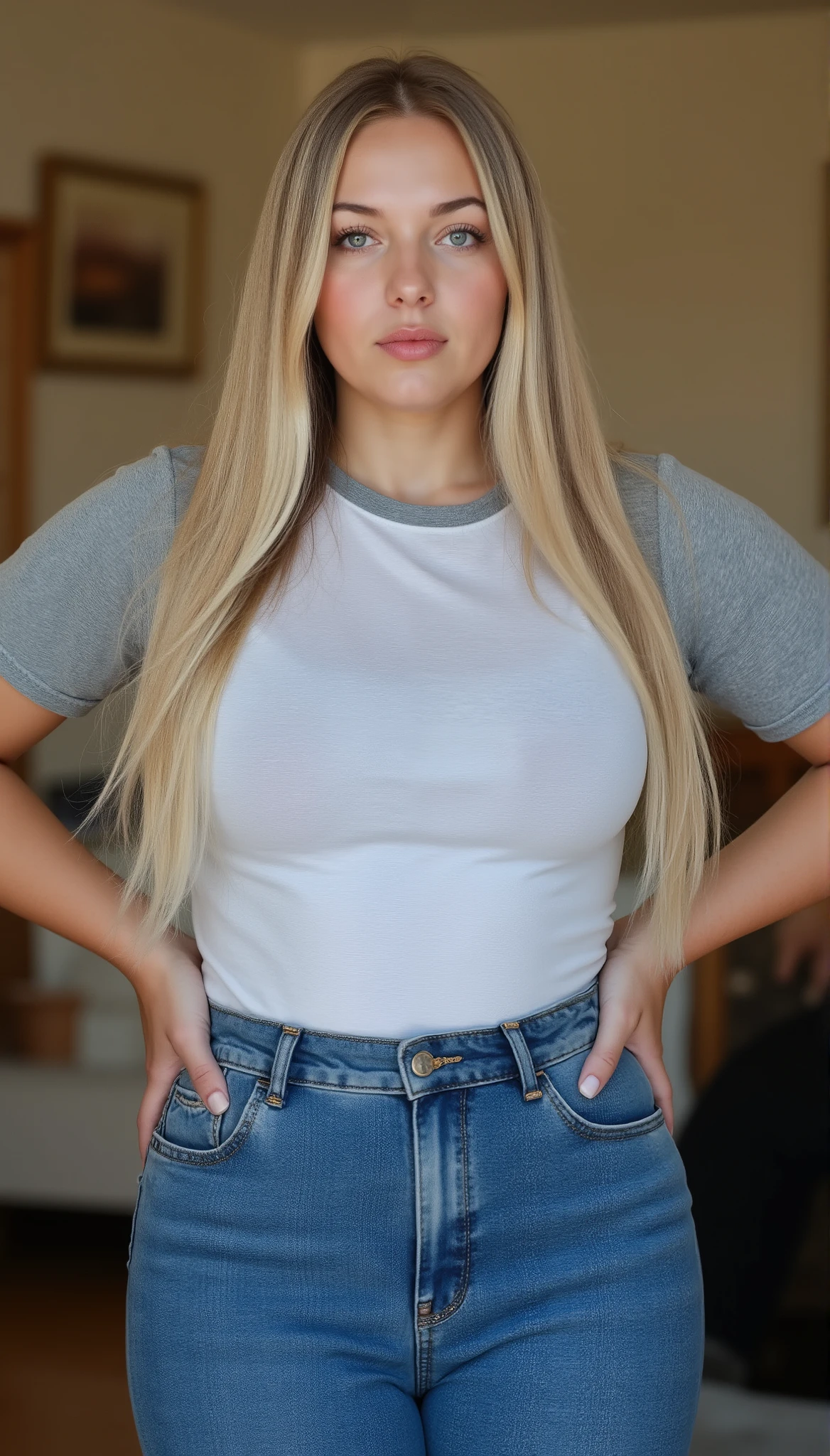 photorealistic portrait of a young stout woman in her early twenties with very long straight glossy blonde hair, looking down at viewer with teenage-like superiority, pronounced pouting lips with youthful fullness, soft rounded cheeks with smooth skin texture showing minimal signs of aging, standing with hands on hips emphasizing her fuller figure, light grey raglan t-shirt tucked in tightly to high-waisted blue jeans creating visible pressure points and fabric tension around waistband, shirt hugging youthful curves, jeans stretching realistically across wide hips, captured from below eye level, warm indoor lighting highlighting her fresh complexion, shallow depth of field, hyperdetailed skin texture with subtle youthful glow, bratty confident demeanor reminiscent of a college student