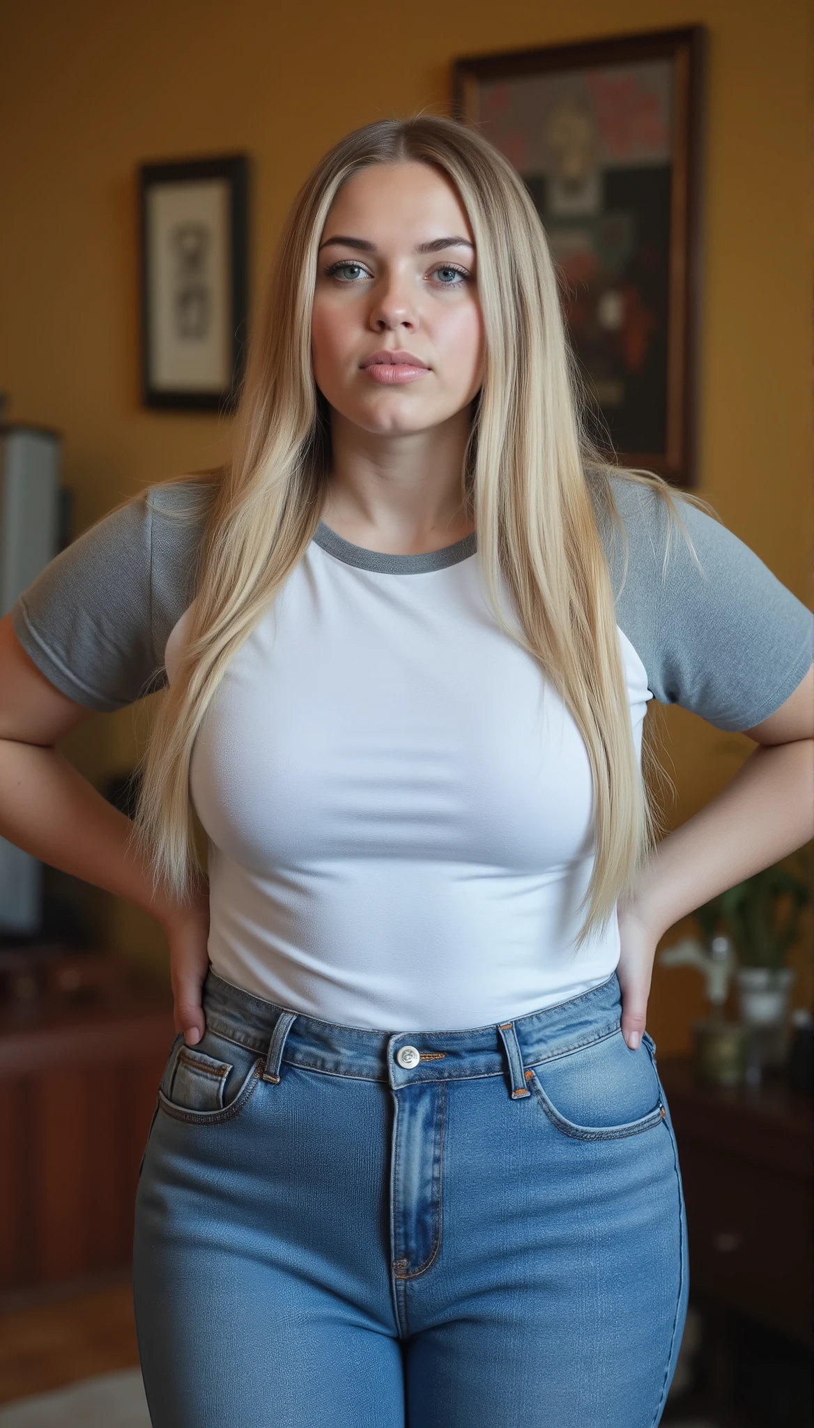 photorealistic portrait of a young stout woman in her early twenties with very long straight glossy blonde hair, looking down at viewer with teenage-like superiority, pronounced pouting lips with youthful fullness, soft rounded cheeks with smooth skin texture showing minimal signs of aging, standing with hands on hips emphasizing her fuller figure, light grey raglan t-shirt tucked in tightly to high-waisted blue jeans creating visible pressure points and fabric tension around waistband, shirt hugging youthful curves, jeans stretching realistically across wide hips, captured from below eye level, warm indoor lighting highlighting her fresh complexion, shallow depth of field, hyperdetailed skin texture with subtle youthful glow, bratty confident demeanor reminiscent of a high school student