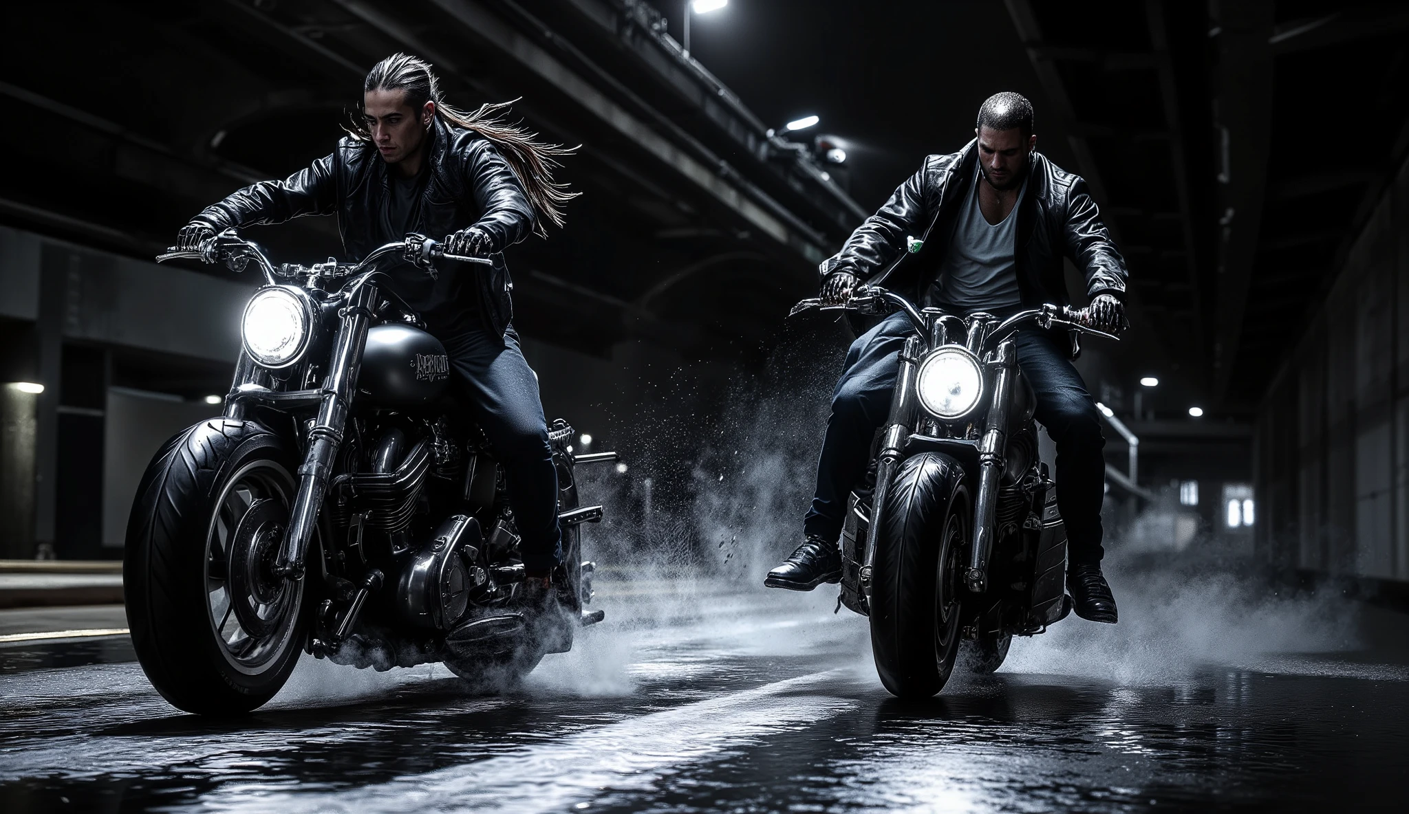 The original image is a dramatic, black-and-white cinematic scene featuring two individuals riding motorcycles under an urban overpass or tunnel. The composition captures a sense of motion, with the motorcycles leaning slightly as they speed through a wet, reflective surface, suggesting recent rain. The lighting is stark, with the headlights of the bikes casting bright beams ahead, cutting through the dark, moody environment. Shadows and mist add to the intense atmosphere.
The individual on the left rides a motorcycle with a classic design, wearing a leather jacket and dark clothing, with long hair flowing back due to the speed. Their pose is dynamic, with one leg slightly raised and hands gripping the handlebars firmly. The individual on the right, also in a leather jacket over a light shirt, rides a similar motorcycle, leaning forward with a focused expression, hands steady on the controls.
The background includes the structural elements of the overpass, with visible beams and a dimly lit urban landscape fading into the distance. The overall mood is gritty and intense, evoking a sense of action or pursuit, with a realistic yet stylized cinematic quality.