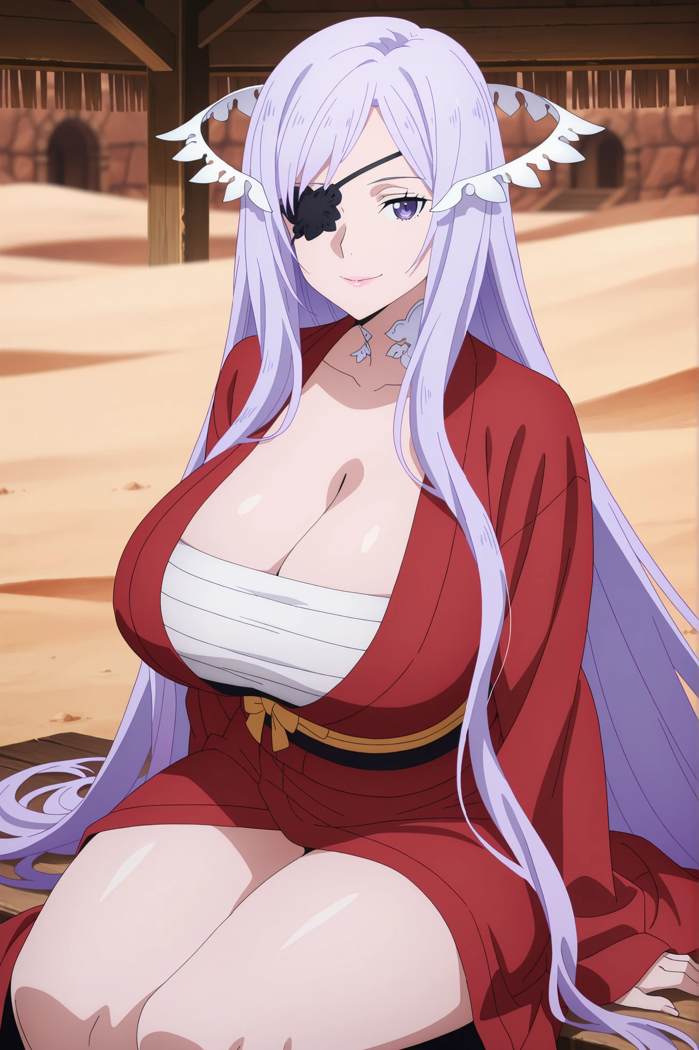 newest , masterpiece , anime screencap , anime coloring , masterpiece, best quality, quinella, 1girl,adult female, milf, motherly, long hair, light purple hair, purple eyes, ractical body shape, glamorous bodies, attractive bodies, motherly, big Curvy, Slutty, Neat, huge breasts, big buttocks, wide Butt, thick thighs, Toned thighs, (he wore a crimson kimono, leaving the right side uncovered, a white sarashi around his body, and a black eye patch over his left eye,)), smile, Lips, in a desert, sitting outside a tavern