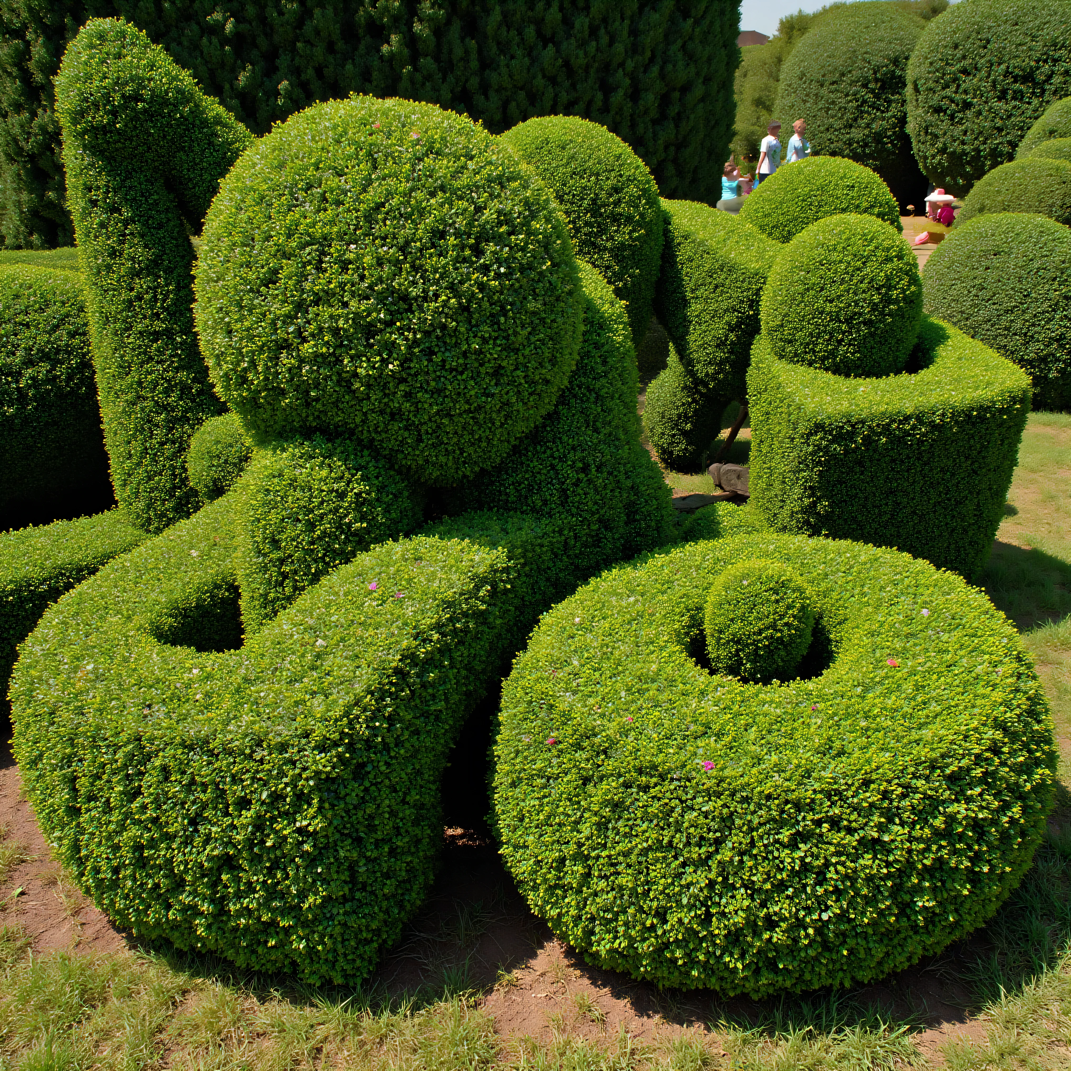 Meticulously manicured juniper bushes in different unique, innovative, and aesthetically incredible shapes and sizes. Ultra-realistic, photo-realistic, cinematic photography, hyperrealistic, 3D rendered realism, UHDR, high-res, physically-based rendering, extreme attention to detail, highly imaginative, best quality artwork.