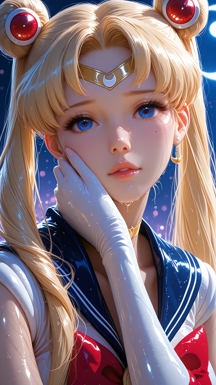 Sure, here is a detailed and high-quality AI image generation prompt in English for creating a scene from the Japanese anime "Sailor Moon" where the heroine says her famous line "In the name of the moon, I'll punish you!"

---

Prompt:

Create a high-resolution, detailed image of the iconic scene from the Japanese anime "Sailor Moon" where the main heroine, Sailor Moon, says her famous line, "In the name of the moon, I'll punish you!" 

Key details to include:
1. Character Design: Sailor Moon should have her signature long blonde twin tails (odango hairstyle) with red bows. She is wearing her classic sailor-style costume: a white bodice with a blue collar and blue skirt, red knee-high boots, white gloves with red cuffs, a red choker, and a red bow on her  with a golden brooch in the center. She has a crescent moon symbol on her forehead and large, expressive blue eyes.

2. Pose: Sailor Moon is standing confidently with one hand on her hip and the other pointing forward as she declares her line. Her  expression is determined and righteous.

3. Background: The background should depict a nighttime scene with a full moon shining brightly in the sky, casting a soft glow around Sailor Moon. There may be some cityscape elements in the distance, with a hint of a starry sky.

4. Lighting and Effects: The lighting should highlight Sailor Moon, making her the focal point of the image. There should be a magical aura or sparkles surrounding her to emphasize her transformation and the power of her declaration.

5. Text: Include the text "In the name of the moon, I'll punish you!" in a dynamic, bold font, positioned in a way that complements the composition of the image, preferably at the top or bottom of the image. Ensure the text is in English and matches the anime's style.

Use vibrant colors and anime-style shading to make the scene visually appealing and true to the original art style of "Sailor Moon."

---

This prompt should provide a comp