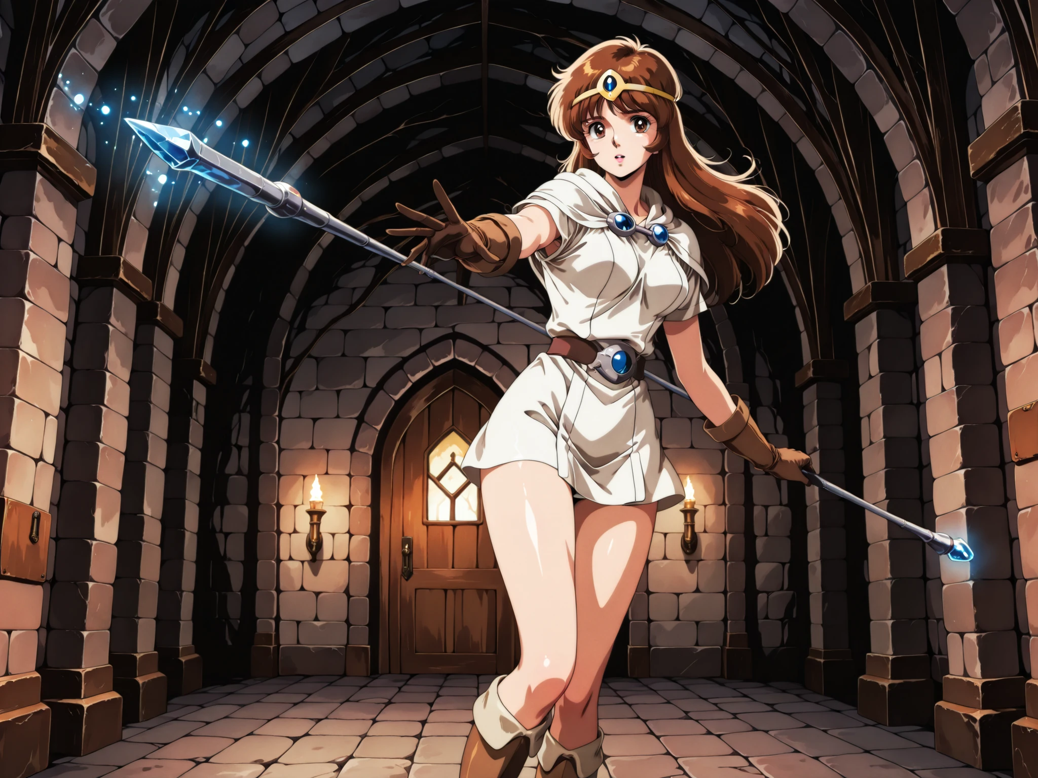 1girl, Ki fron Tower of Druaga, with brown hair and fair skin, slender, wearing a white tunic, circlet, long brown gloves and tall thigh-high brown hide boots, reaching out to touch a single floating rod with a blue crystal tip, inside a haunted castle. in full view in a highly detailed 1980s retro anime style
