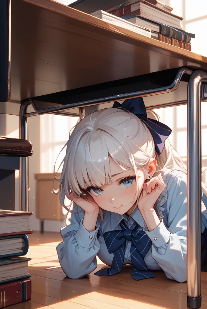 (((1 person　Gray Hair　Holding a pen　classroom　Chair　sit)))　((High resolution　short hair　ribbon　Black Skirt　Rin々Funny face　))　((student　blue eyes　Close-up))　((Blue Butterfly　night　学校のclassroom　Shining Aura　sit　Catch the wind　Looking at the moon outside))　(smile　Bathed in light)　月night　moonlight　star　Shining Background　Shining Edge