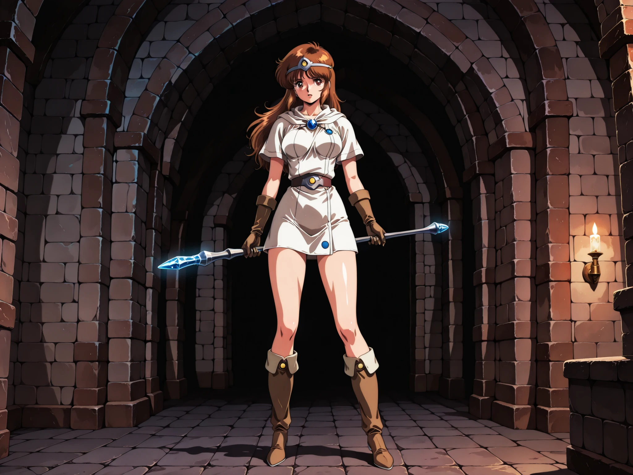 1girl, Ki fron Tower of Druaga, with brown hair and fair skin, slender, wearing a white tunic, circlet, long brown gloves and tall thigh-high brown hide boots, holding a small rod with a blue crystal tip, inside a haunted Gothic castle, alone, in full view in a highly detailed 1980s retro anime style