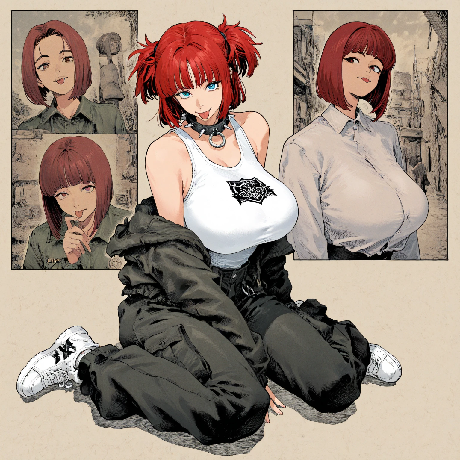 woman, curly red pixie cut hair, green eyes, wearing crop top black shirt, long black jacket, red plaid skirt, (black knee high boots), black fingerless gloves, exposed shoulders, , freckles, cleavage, abs, looking at viewer, masterpiece, best quality, sitting cross legged, flat colors
