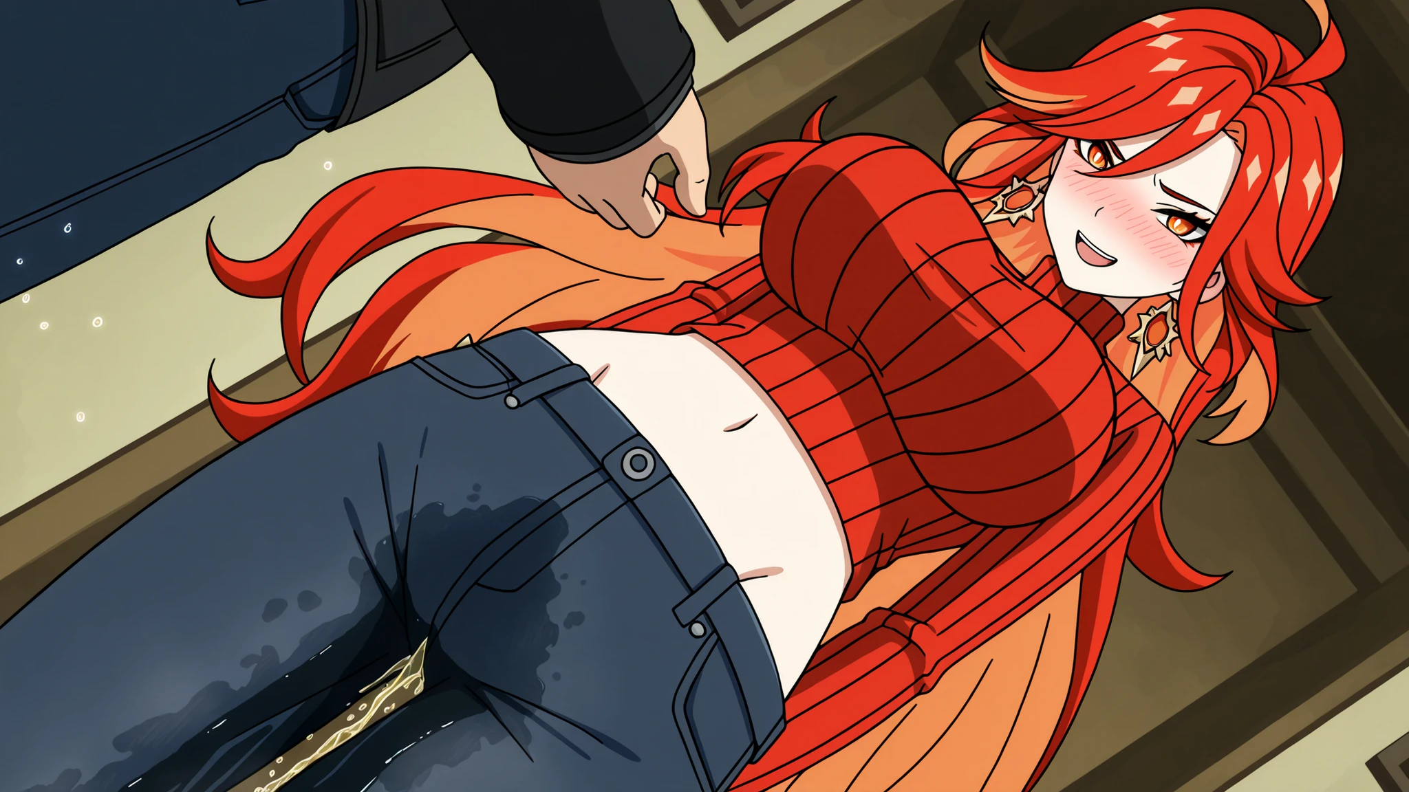 score_9, score_8_up, masterpiece, best quality, anime screencap, anime coloring, BREAK,
1girl, huge breasts, mavuika \(genshin impact\), long hair, red hair, orange hair, multicolored hair, orange eyes, yellow eyes, colored inner hair, ahoge, turtleneck sweater, jeans, (denim:1.25), midriff, navel, groin, (wetting self:1.5), blush, embarrassed, humiliation, angry, BREAK,
1boy, brown hair, brown eyes, tsurime, laughing, teasing, bullying