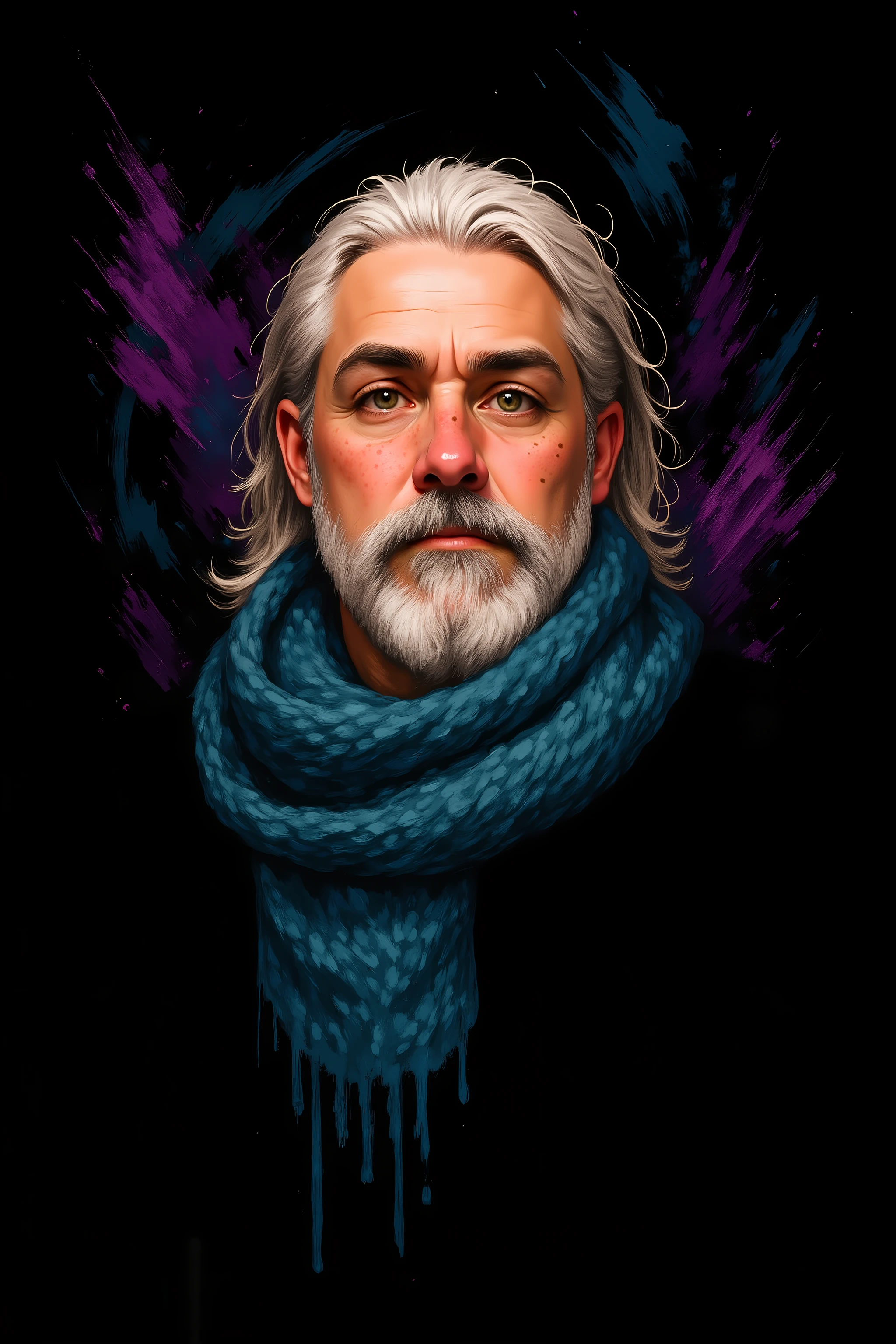 A heavily bearded man with albinism — white lashes, pinkish eyes, and warm undertones in his freckled skin. His hair is long, loosely tied back, and he wears a faded indigo scarf. A single brushstroke of violet tears across the black background, with swirling teal and white marks creating a smoky aura around his head.
Style: high-contrast digital brushwork, elegant texture flow, raw realism
Background: solid black with ethereal color trails


PaintStorm-Mk.1