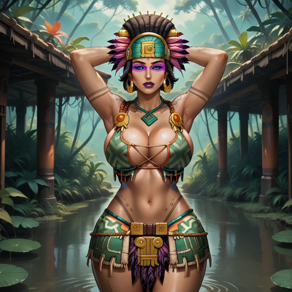 There is a curvaceous Middle Eastern woman (, cleavage, multicolored shaved side hairstyle) with Tribal tattoos all over her body and wearing a long flowing gown made of sand and rocks, a beautiful artwork illustration, stunning digital illustration, Jen Bartel, exquisite digital illustration, beautiful digital illustration, intricate digital painting, digital painting | intricate, highly detailed vector art, in style of digital illustration, gorgeous digital art, vector behance hd Jesper Ejsing, beautiful digital artwork