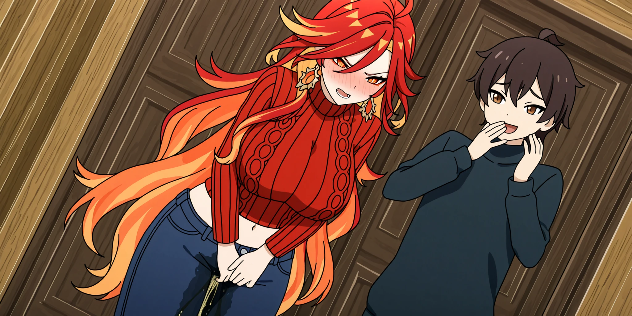 score_9, score_8_up, masterpiece, best quality, anime screencap, anime coloring, BREAK,
1girl, huge breasts, mavuika \(genshin impact\), long hair, red hair, orange hair, multicolored hair, orange eyes, yellow eyes, colored inner hair, ahoge, turtleneck sweater, jeans, (denim:1.25), midriff, navel, groin, (wetting self:1.5), blush, embarrassed, humiliation, angry, BREAK,
1boy, brown hair, brown eyes, tsurime, laughing, teasing, bullying