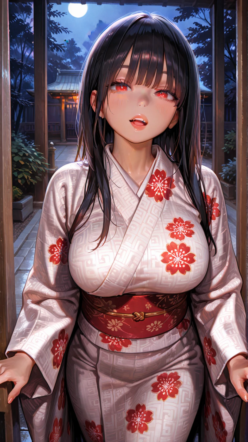 Close-up of a woman with black straight hime cut hair wearing a red and orange dress, Red kimono with flower patterns, From the Sengoku period, Long and beautiful kimono, Flowing hair and long, super shiny robes, Red kimono, Japanese Kimono, Wearing Imperial Kimono, Wearing kimono and armor, In kimono, Safety, kimono, Hakama kimono, Inspired by Fujiwara Takanobu, pale and colouRed kimono　She is laid down on the futon, exposing her nipples, writhing and crying.　She has sex