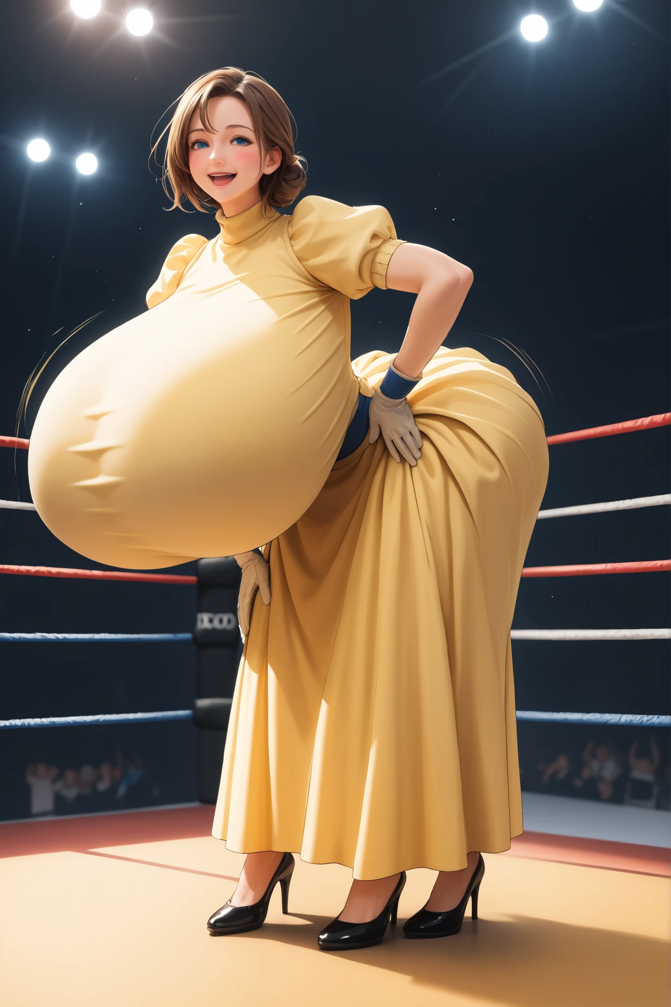 Jane Porter,yellow dress, puffy sleeves, turtleneck, high neckline, white gloves, skirt,,,brown hair, blue eyes, 1girl,breasts,blush,large breasts,motion lines,huge breasts,bouncing breasts,,large breasts,(Gigantic breasts:1.3), (Super Wide hips:1.3), from front, wrestling ring, (fully covered breasts:1.3), (floor length skirt:1.3), skirt, flowing skirt, voluminous skirt, huge skirt, full body, smile, slim waist, high heels, (she is bending over:1.3), hands on hips