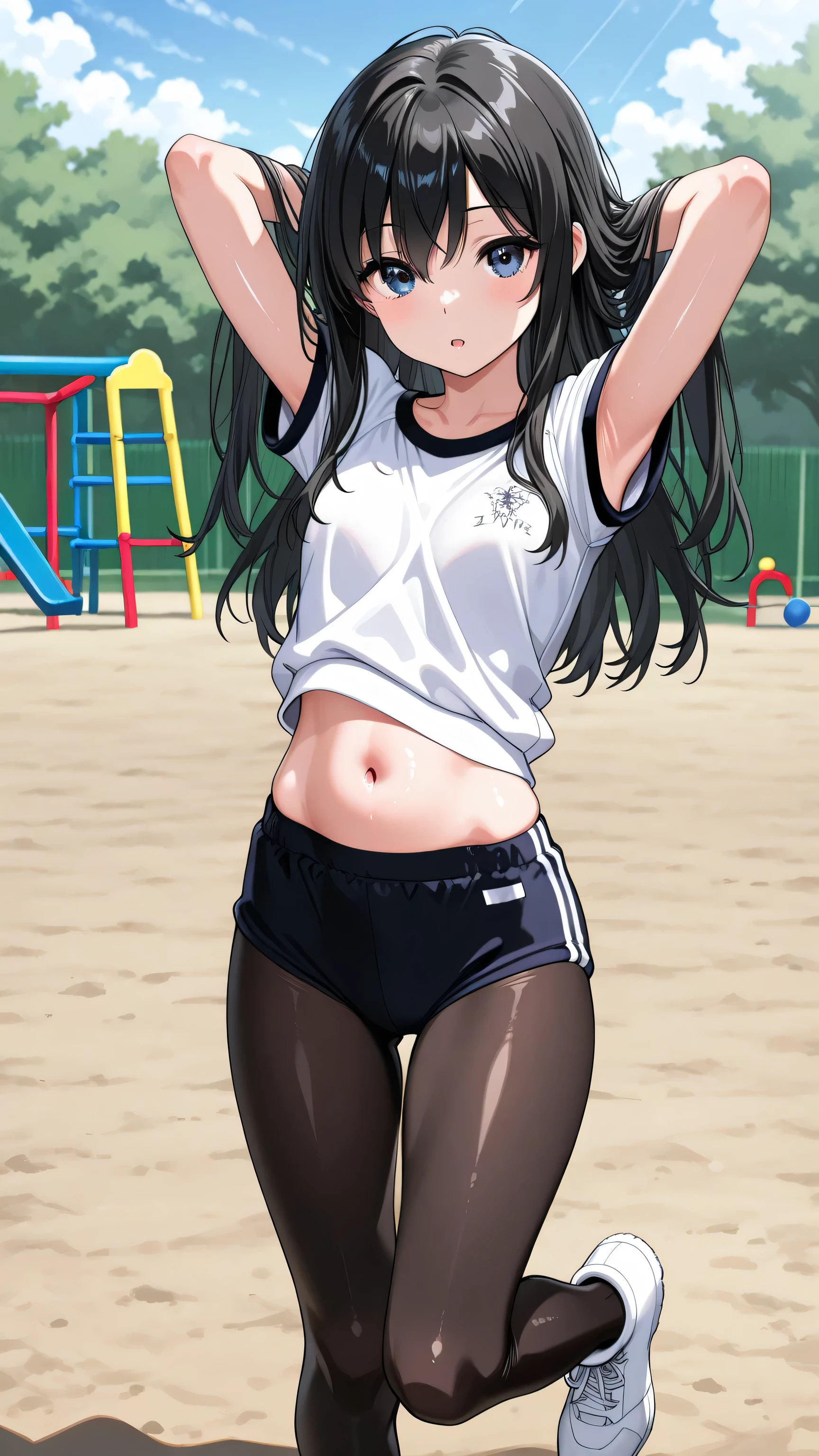 1 black-haired semi-long high school girl、Outfit(shiny black tights、Student gym clothes 、sports boots)、A bright expression、Tie the hem of the clothes、and see your stomach, including your belly button、roll up the short-sleeved sleeves to see your armpits、Playground