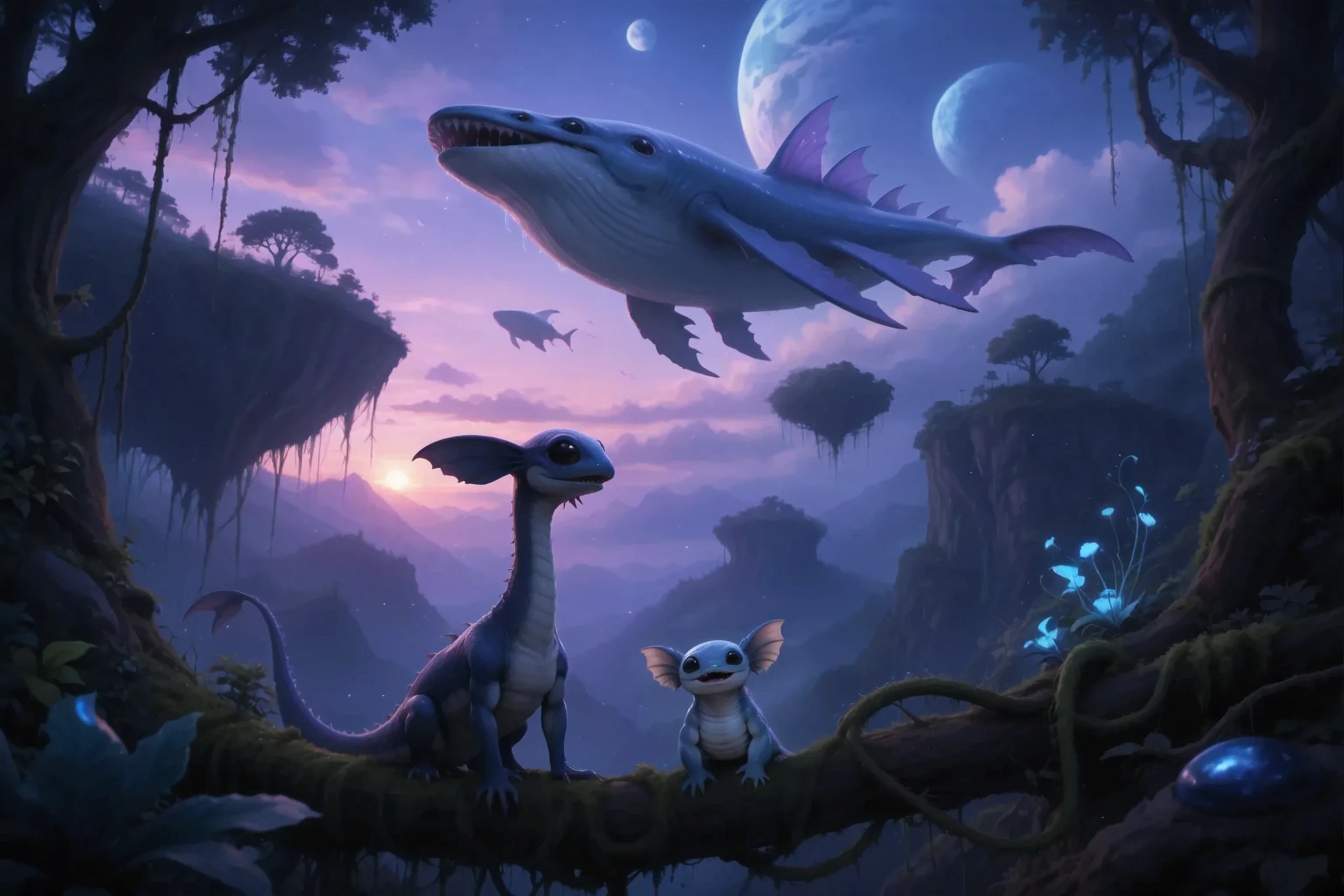 in the background, the best quality, Ultra-detailed, Highest resolution 8K, Cinematic emotional static frame, 8K UHD, extremely detailed, physical visualization, masterpiece, HDR, (sfw:1.4),
The atmosphere of Pandora's land. In the foreground, there are 2 creatures different: , a cute little creature with a long, elongated body and big black eyes and 6 legs and 2 fins on its head is crawling across the vine across the ground. And in front of him is a cute little blue Character_Fuli, joyful half-open mouth, with 2 fins on its head.
In the sky, from behind the clouds, you can see a huge giant leviathan whale above the trees with a fish face with teeth and multiple huge fins all over its body along its sides. With 3 pairs of eyes. An ichthyosaurus flying in the sky with a bright purple-blue crest along its entire back and fins on its head on a long neck.
View from a dark forest with alien and glowing plants, far above the cliff in the air, you can see multiple flying islands. Sunset, a magical alien sky of a mixture of purple pearlescent and blue colors, several large moons of planets in the sky, the atmosphere of another planet. Huge trees grow on flying islands. The roots hang from the uneven flying islands. the flying islands represent huge stones, between the stones of the flying islands are numerous moss-covered vines woven together. Wrapped in plants with bright luminescence.
Dark gloomy shot. Magical alien sky. incredible lighting.