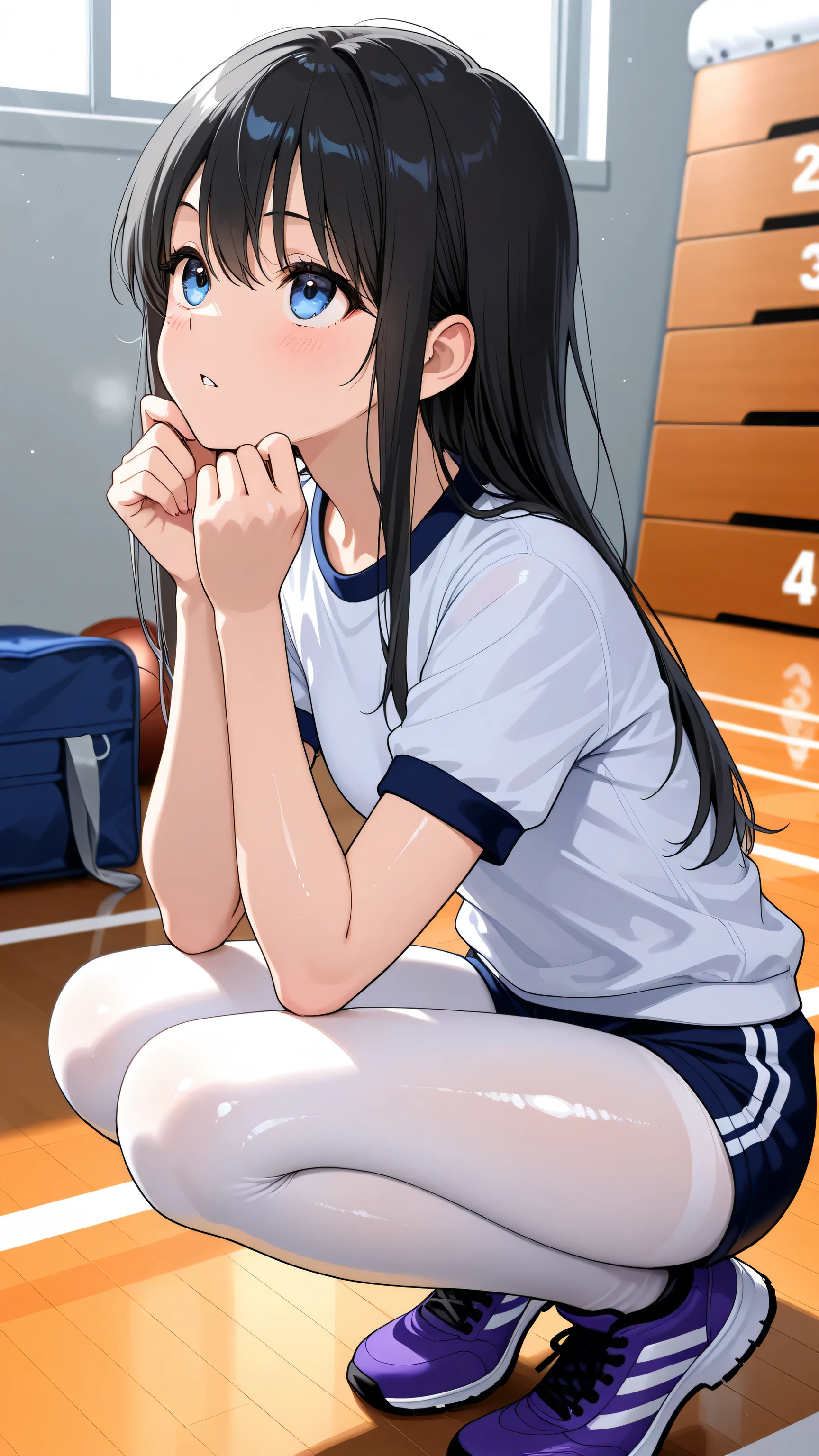  1 black-haired semi-long high school girl、Outfit(Shiny white tights、Student gym clothes 、sports boots)、A bright expression、squats、Looking up 