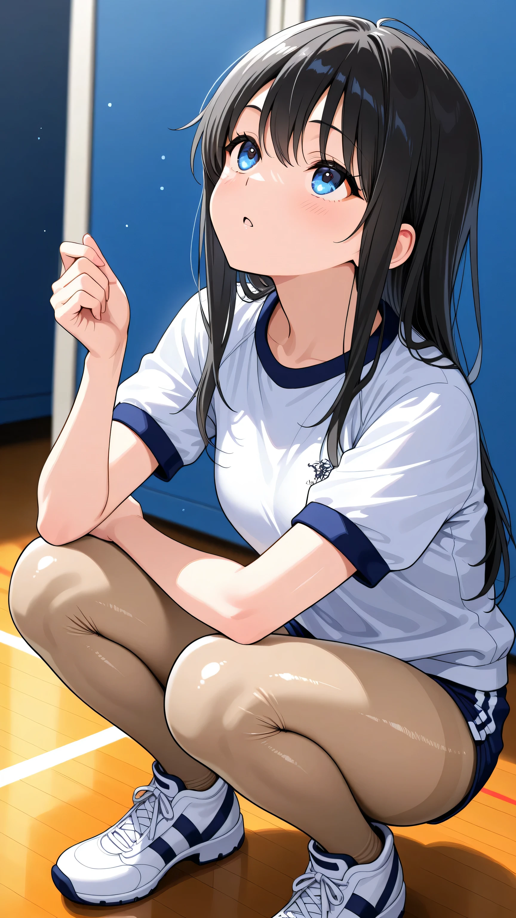  1 black-haired semi-long high school girl、Outfit(shiny beige tights、Student gym clothes 、sports boots)、A bright expression、squats、Looking up 