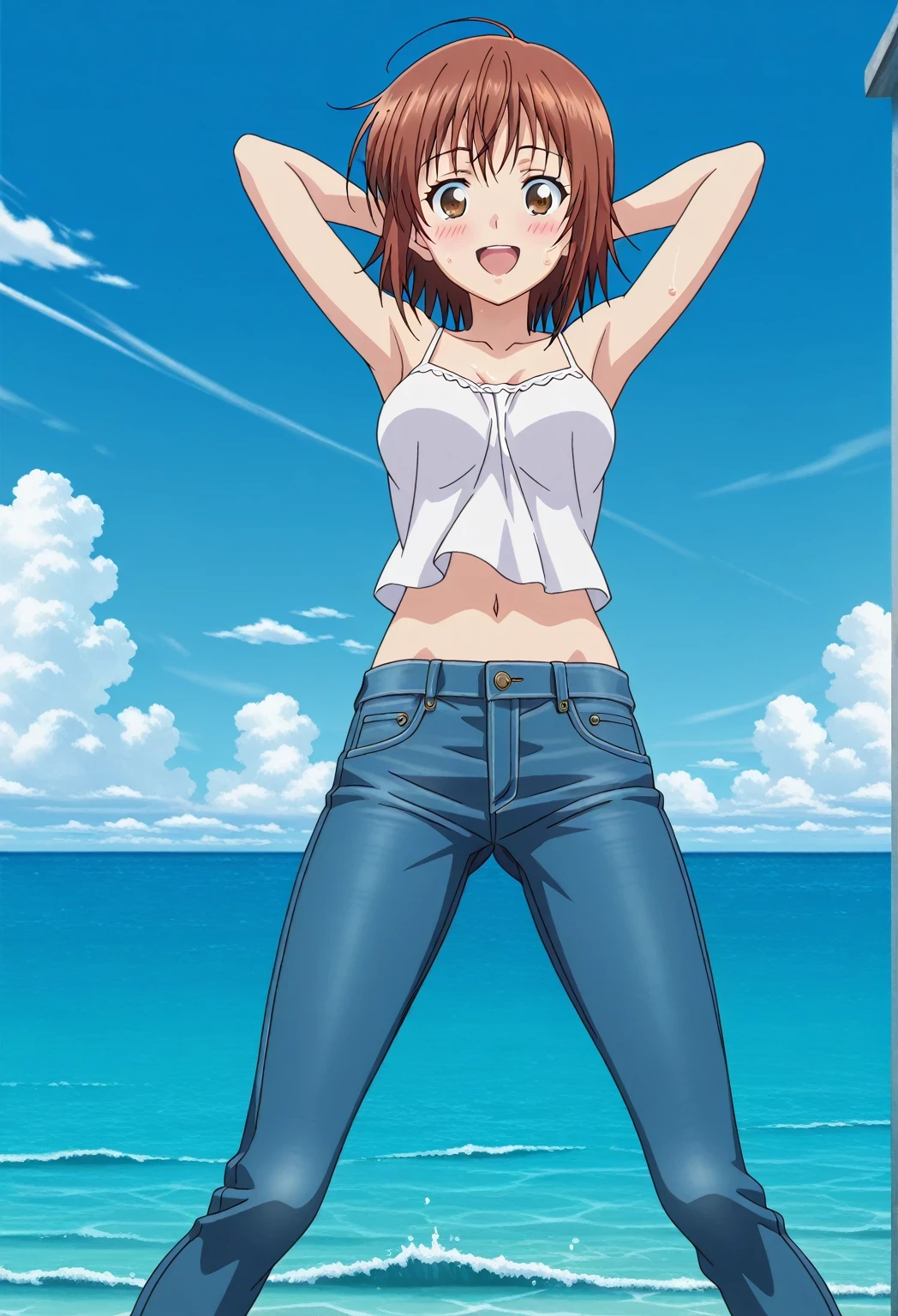score_9, score_8_up, score_7_up, source_anime, highres, hi res, ((best quality, top quality, perfect quality, Highest Quality, amazing quality)), {{masterpiece}}, {{an extremely delicate and beautiful}}, 2d, intricate details, official style, anime, 8k, anime style, official_anime, official art, digital painting, cell shading, soft shading, high resolution, soothing tones, Subdued Color, Soft cinematic light, adobe lightroom, photolab, HDR, intricately and hyper-detailed, ((high quality animation)), 1 girl, Alone, solo, ((ocean)), tsunami, on the water, day, sunny, outdoors, sky, windy, chisa kotegawa, short hair, bangs, brown hair, brown eyes, mature female, anime screencap, medium breasts, white camisole top, crop top, white crop top, best quality, hyper-detailed jeans, ((blue jeans:1.9)), (dark blue jeans:0.6), full medium body, medium shot, Open mouth, smiling, happy face, blush, sweat, standing, ((arms behind head:6.0)), bowlegged, jumping pose, action, looking at viewer, spread legs, Bend knees slightly, straight-on front view