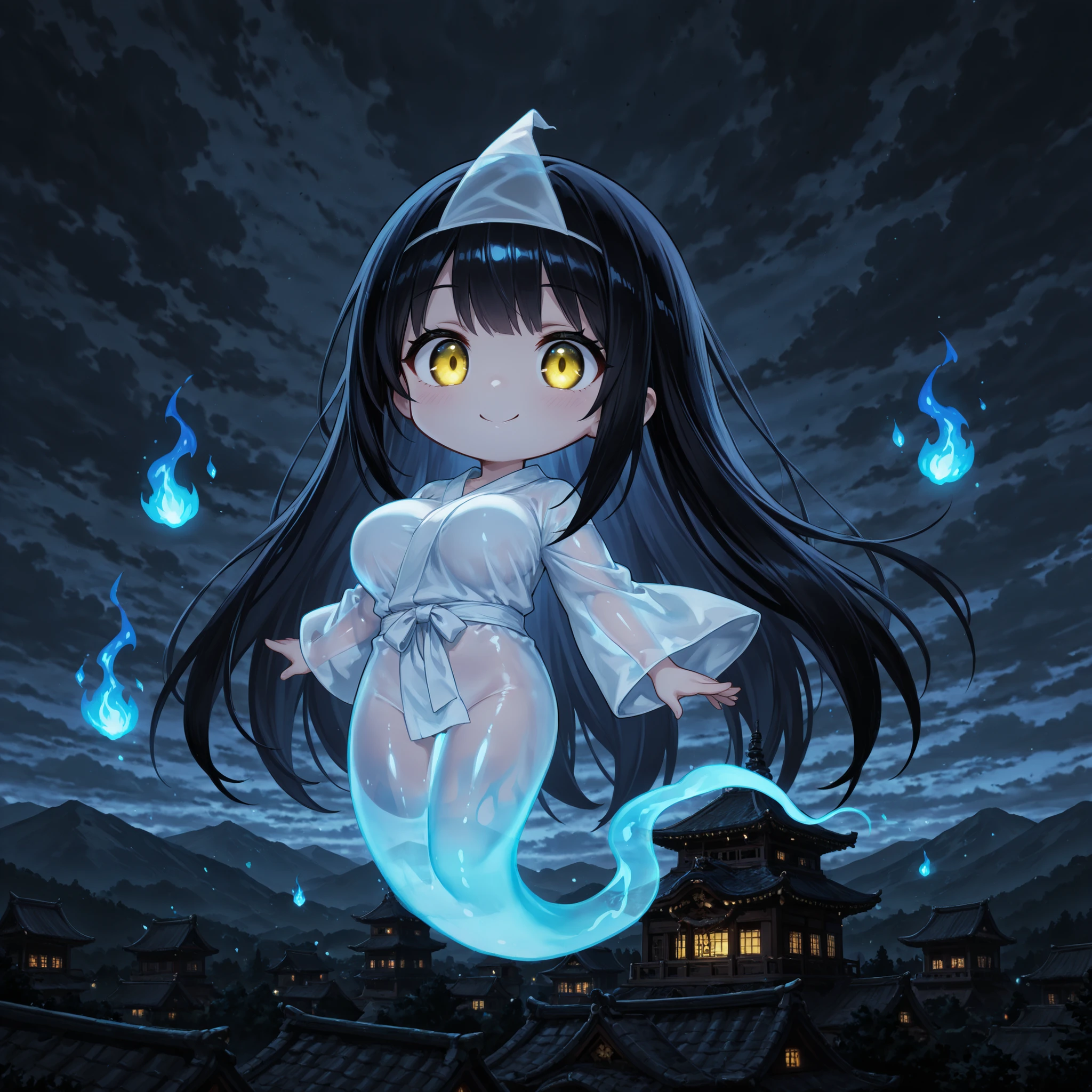 masterpiece, Highest Quality, anime style,
(chibi:1.2), full body, 2 heads tall,
Ghost Girl , black long hair, (no legs), Ghost Tail , Gold-Shining Eyes, white kimono, (naked), triangular headpiece, (transparent body:1.5), (translucent body:1.4), (cute smile), (big boobs:1.2),
(Multiple blue flames floating:1.2), Japanese Castle, (Japanese Castleの天守閣), Dark Clouds.
TheDeail, neotech, glowing,