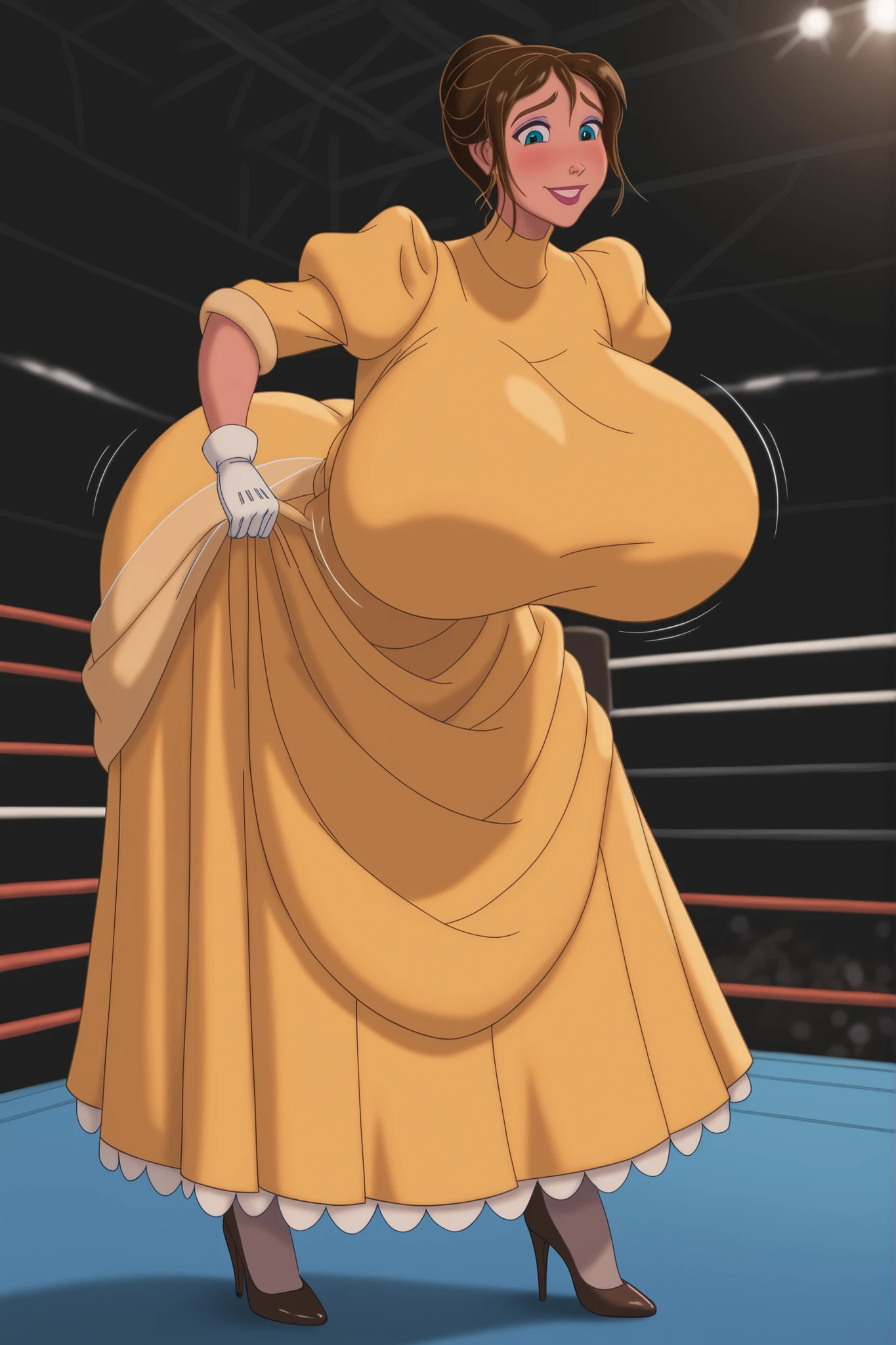 breast grab, breast_grab_skindentation, fingers_sinking_in_breast,Tarzan_JanePorter,yellow dress, puffy sleeves, turtleneck, high neckline, white gloves, skirt,,,brown hair, blue eyes, 1girl,breasts,blush,large breasts,motion lines,huge breasts,bouncing breasts,,large breasts,(Gigantic breasts:1.3), (Super Wide hips:1.3), from front, wrestling ring, (fully covered breasts:1.3), (floor length skirt:1.3), skirt, flowing skirt, voluminous skirt, huge skirt, full body, smile, slim waist, high heels, (she is bending over:1.3), hands on breasts, breast squeeze, highly detailed eyes, big eyes, almond-shaped eyes