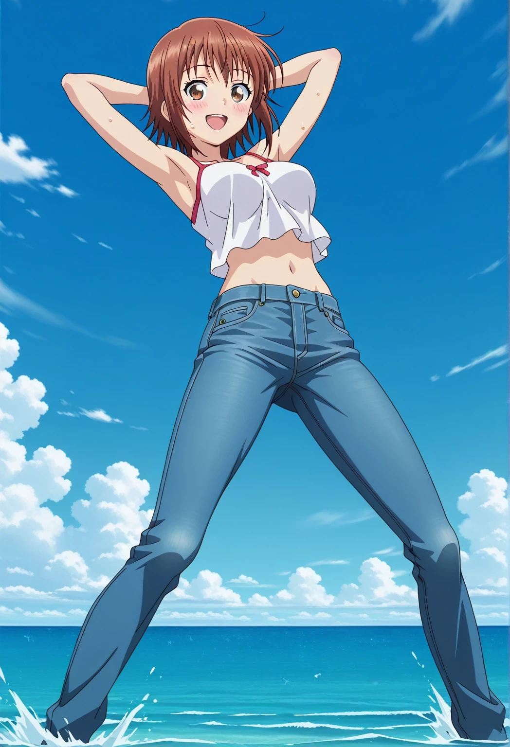 score_9, score_8_up, score_7_up, source_anime, highres, hi res, ((best quality, top quality, perfect quality, Highest Quality, amazing quality)), {{masterpiece}}, {{an extremely delicate and beautiful}}, 2d, intricate details, official style, anime, 8k, anime style, official_anime, official art, digital painting, cell shading, soft shading, high resolution, soothing tones, Subdued Color, Soft cinematic light, adobe lightroom, photolab, HDR, intricately and hyper-detailed, ((high quality animation)), 1 girl, Alone, solo, ((ocean)), tsunami, on the water, day, sunny, outdoors, sky, windy, chisa kotegawa, short hair, bangs, brown hair, brown eyes, anime screencap, medium breasts, white camisole top, crop top, white crop top, best quality, hyper-detailed jeans, ((blue jeans:1.9)), (dark blue jeans:0.6), full medium body, medium shot, Open mouth, smiling, happy face, blush, sweat, standing, ((arms behind head:6.0)), bowlegged, jumping pose, action, looking at viewer, spread legs, Bend knees slightly, straight-on front view