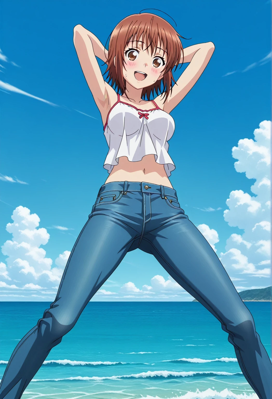 score_9, score_8_up, score_7_up, source_anime, highres, hi res, ((best quality, top quality, perfect quality, Highest Quality, amazing quality)), {{masterpiece}}, {{an extremely delicate and beautiful}}, 2d, intricate details, official style, anime, 8k, anime style, official_anime, official art, digital painting, cell shading, soft shading, high resolution, soothing tones, Subdued Color, Soft cinematic light, adobe lightroom, photolab, HDR, intricately and hyper-detailed, ((high quality animation)), 1 girl, Alone, solo, ((ocean)), tsunami, on the water, day, sunny, outdoors, sky, windy, chisa kotegawa, short hair, bangs, brown hair, brown eyes, anime screencap, medium breasts, white camisole top, crop top, white crop top, best quality, hyper-detailed jeans, ((blue jeans:1.9)), (dark blue jeans:0.6), full medium body, medium shot, Open mouth, smiling, happy face, blush, sweat, standing, ((arms behind head:6.0)), bowlegged, jumping pose, action, looking at viewer, spread legs, Bend knees slightly, straight-on front view