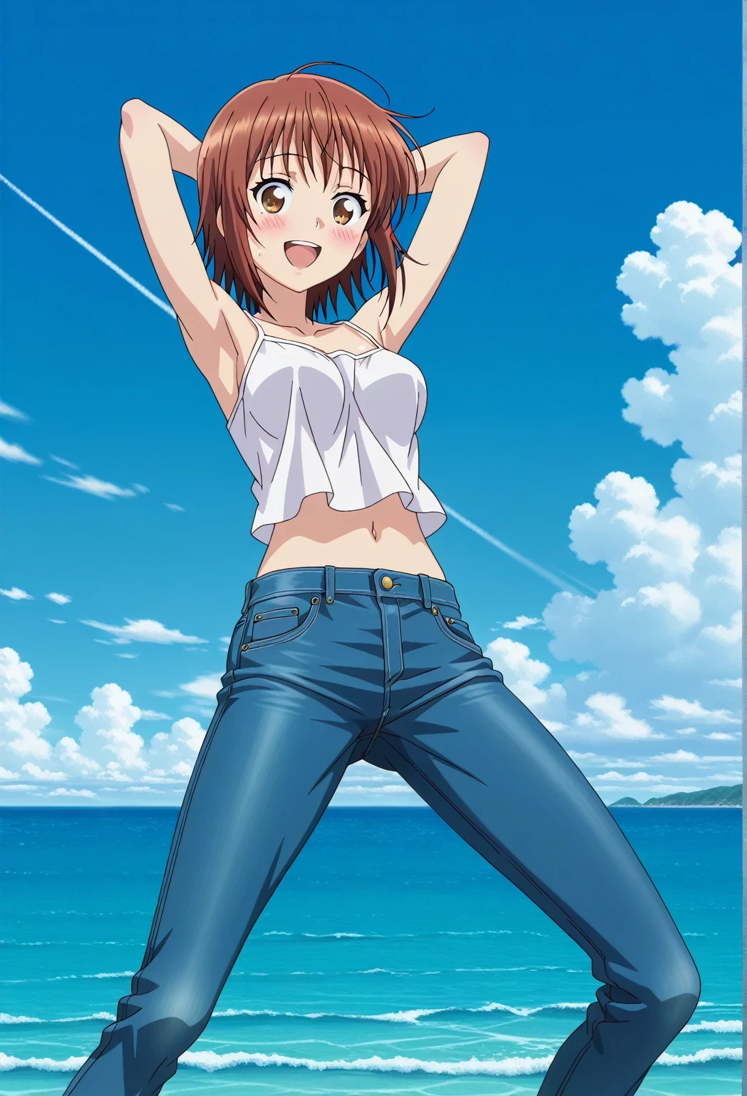 score_9, score_8_up, score_7_up, source_anime, highres, hi res, ((best quality, top quality, perfect quality, Highest Quality, amazing quality)), {{masterpiece}}, {{an extremely delicate and beautiful}}, 2d, intricate details, official style, anime, 8k, anime style, official_anime, official art, digital painting, cell shading, soft shading, high resolution, soothing tones, Subdued Color, Soft cinematic light, adobe lightroom, photolab, HDR, intricately and hyper-detailed, ((high quality animation)), 1 girl, Alone, solo, ((ocean)), tsunami, on the water, day, sunny, outdoors, sky, windy, chisa kotegawa, short hair, bangs, brown hair, brown eyes, anime screencap, medium breasts, white camisole top, crop top, white crop top, best quality, hyper-detailed jeans, ((blue jeans:1.9)), (dark blue jeans:0.6), full medium body, medium shot, Open mouth, smiling, happy face, blush, sweat, standing, ((arms behind head:6.0)), bowlegged, jumping pose, action, looking at viewer, spread legs, Bend knees slightly, straight-on front view