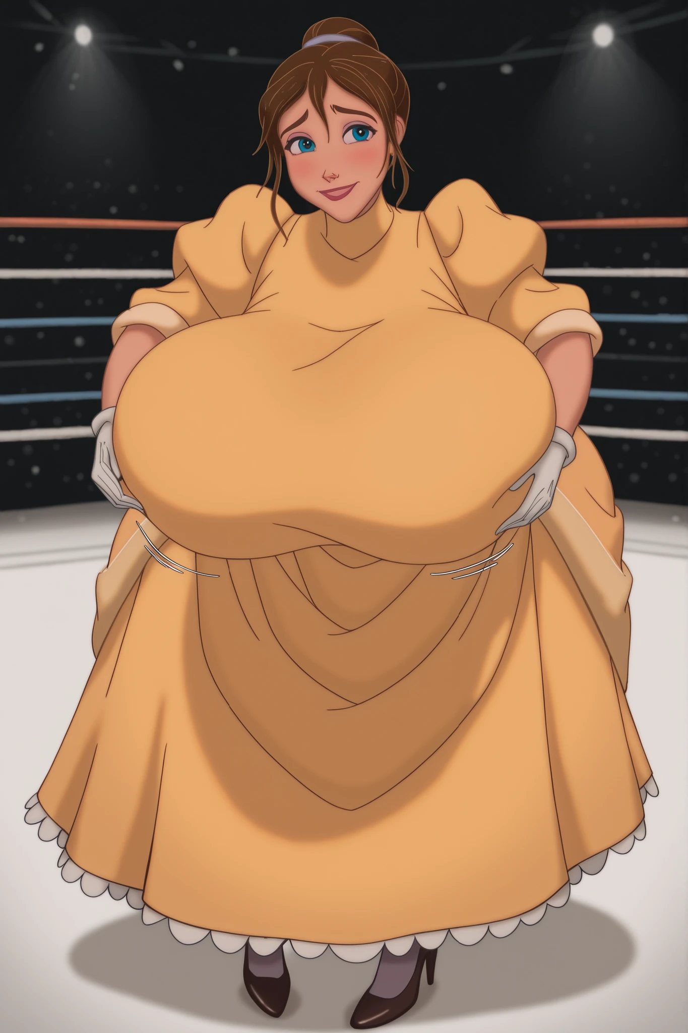 eye_focus,breast grab, breast_grab_skindentation, fingers_sinking_in_breast,Tarzan_JanePorter,yellow dress, puffy sleeves, turtleneck, high neckline, white gloves, skirt,,,brown hair, blue eyes, 1girl,breasts,blush,large breasts,motion lines,huge breasts,bouncing breasts,,large breasts,(Gigantic breasts:1.3), (Super Wide hips:1.3), from front, wrestling ring, (fully covered breasts:1.3), (floor length skirt:1.3), skirt, flowing skirt, voluminous skirt, huge skirt, full body, smile, slim waist, high heels, (she is bending over:1.3), hands on breasts, breast squeeze, highly detailed eyes, big eyes, almond-shaped eyes