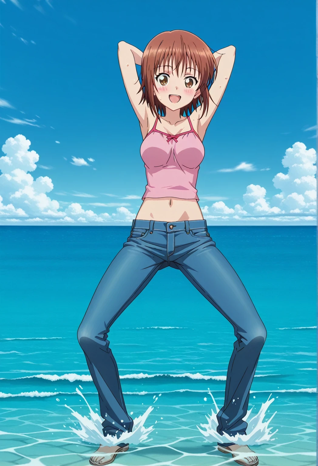 score_9, score_8_up, score_7_up, source_anime, highres, hi res, ((best quality, top quality, perfect quality, Highest Quality, amazing quality)), {{masterpiece}}, {{an extremely delicate and beautiful}}, 2d, intricate details, official style, anime, 8k, anime style, official_anime, official art, digital painting, cell shading, soft shading, high resolution, soothing tones, Subdued Color, Soft cinematic light, adobe lightroom, photolab, HDR, intricately and hyper-detailed, ((high quality animation)), 1 girl, Alone, solo, ((ocean)), tsunami, on the water, day, sunny, outdoors, sky, windy, chisa kotegawa, short hair, bangs, brown hair, brown eyes, anime screencap, medium breasts, pink camisole top, crop top, pink crop top, best quality, hyper-detailed jeans, ((blue jeans:1.9)), (dark blue jeans:0.6), full medium body, medium shot, Open mouth, smiling, happy face, blush, sweat, standing, ((arms behind head:6.0)), bowlegged, jumping pose, action, looking at viewer, spread legs, Bend knees slightly, straight-on front view