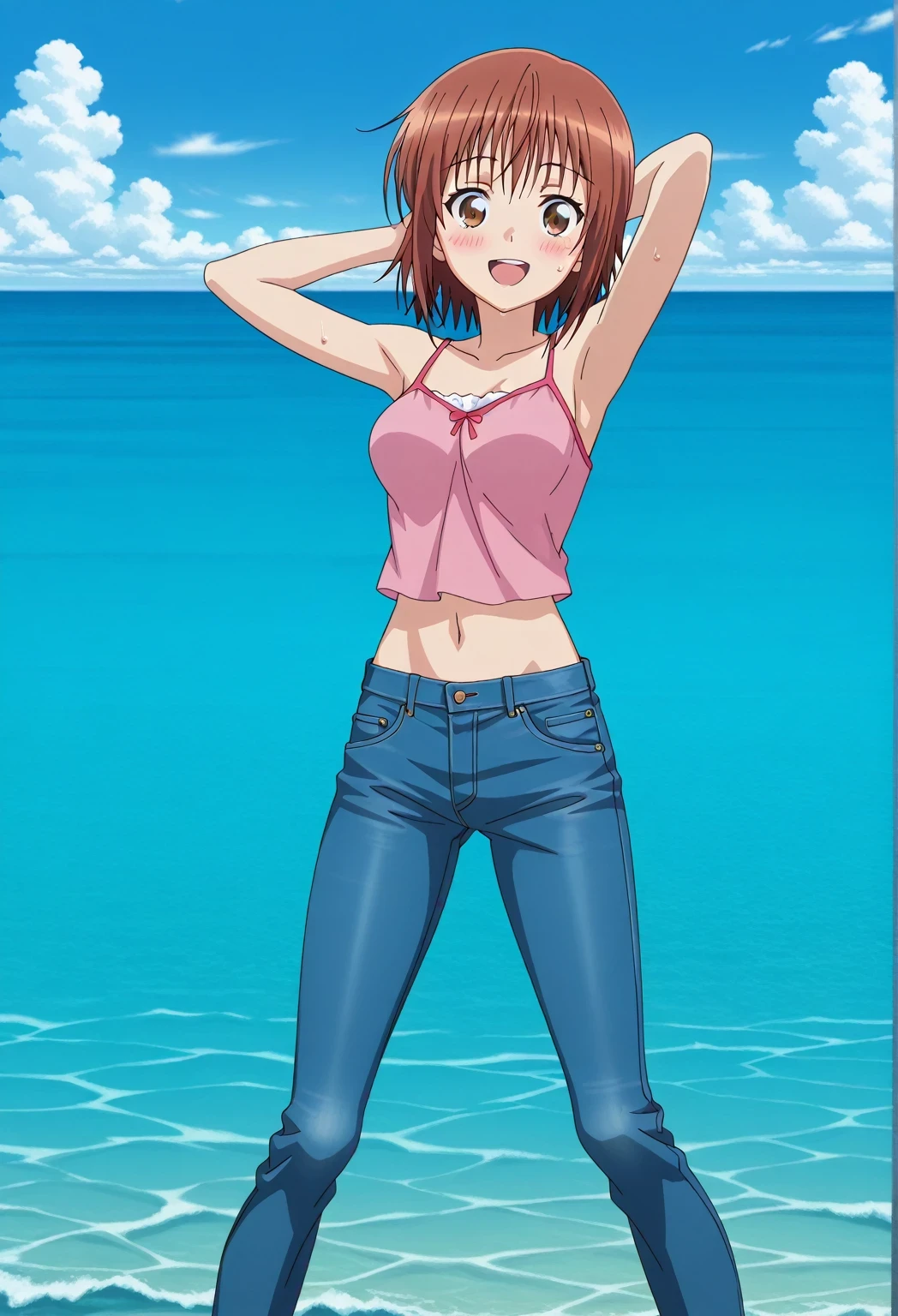 score_9, score_8_up, score_7_up, source_anime, highres, hi res, ((best quality, top quality, perfect quality, Highest Quality, amazing quality)), {{masterpiece}}, {{an extremely delicate and beautiful}}, 2d, intricate details, official style, anime, 8k, anime style, official_anime, official art, digital painting, cell shading, soft shading, high resolution, soothing tones, Subdued Color, Soft cinematic light, adobe lightroom, photolab, HDR, intricately and hyper-detailed, ((high quality animation)), 1 girl, Alone, solo, ((ocean)), tsunami, on the water, day, sunny, outdoors, sky, windy, chisa kotegawa, short hair, bangs, brown hair, brown eyes, anime screencap, medium breasts, pink camisole top, crop top, pink crop top, best quality, hyper-detailed jeans, ((blue jeans:1.9)), (dark blue jeans:0.6), full medium body, medium shot, Open mouth, smiling, happy face, blush, sweat, standing, ((arms behind head:6.0)), bowlegged, jumping pose, action, looking at viewer, spread legs, Bend knees slightly, straight-on front view