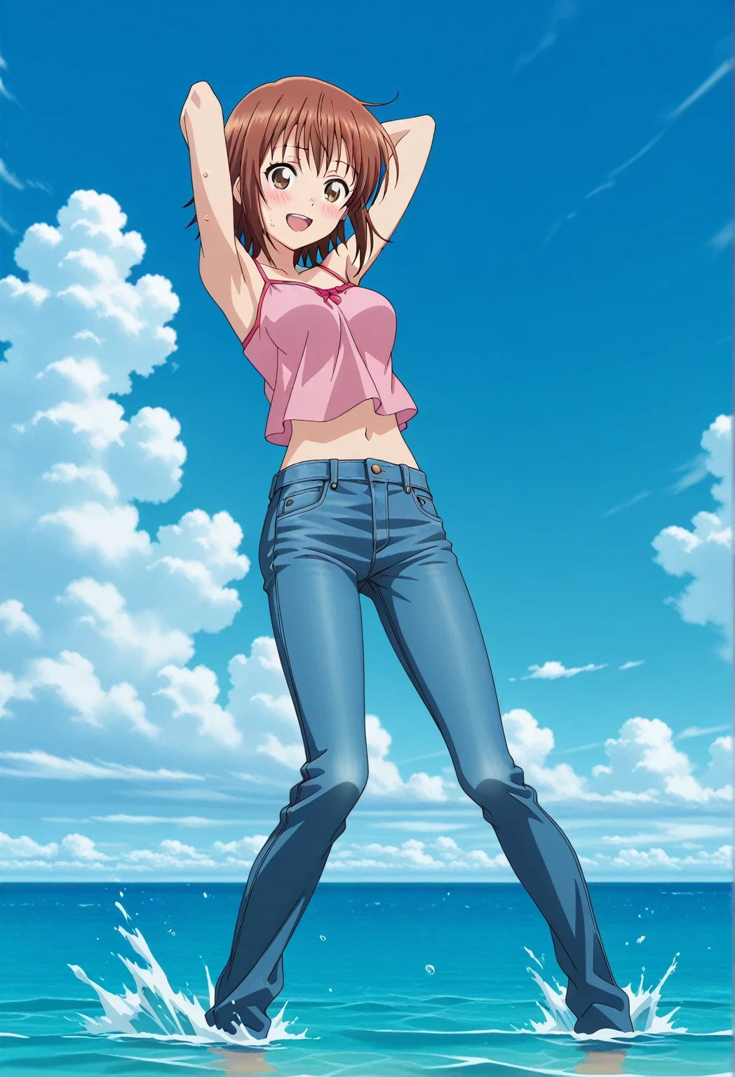 score_9, score_8_up, score_7_up, source_anime, highres, hi res, ((best quality, top quality, perfect quality, Highest Quality, amazing quality)), {{masterpiece}}, {{an extremely delicate and beautiful}}, 2d, intricate details, official style, anime, 8k, anime style, official_anime, official art, digital painting, cell shading, soft shading, high resolution, soothing tones, Subdued Color, Soft cinematic light, adobe lightroom, photolab, HDR, intricately and hyper-detailed, ((high quality animation)), 1 girl, Alone, solo, ((ocean)), tsunami, on the water, day, sunny, outdoors, sky, windy, chisa kotegawa, short hair, bangs, brown hair, brown eyes, anime screencap, medium breasts, pink camisole top, crop top, pink crop top, best quality, hyper-detailed jeans, ((blue jeans:1.9)), (dark blue jeans:0.6), full medium body, medium shot, Open mouth, smiling, happy face, blush, sweat, standing, ((arms behind head:6.0)), bowlegged, jumping pose, action, looking at viewer, spread legs, Bend knees slightly, straight-on front view