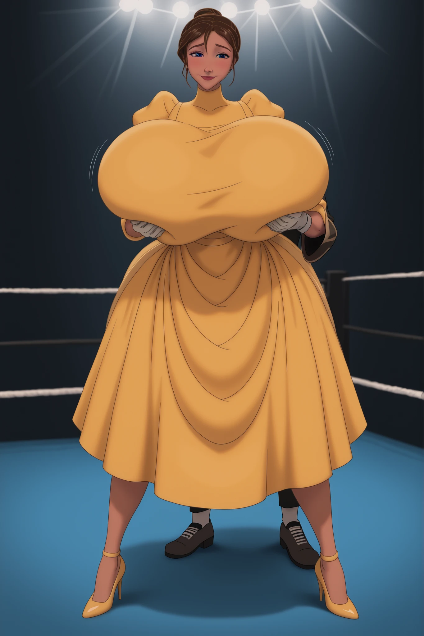 1girl,1boy,breast grab, breast_grab_skindentation, fingers_sinking_in_breast,Tarzan_JanePorter,yellow dress, puffy sleeves, turtleneck, high neckline, white gloves, skirt,,,(a boy is grabbing Jane Porter's massive breasts:1.3), brown hair, blue eyes, 1girl,breasts,blush,large breasts,motion lines,huge breasts,bouncing breasts,,large breasts,(Gigantic breasts:1.3), (Super Wide hips:1.3), from front, wrestling ring, (fully covered breasts:1.3), (floor length skirt:1.3), skirt, flowing skirt, voluminous skirt, huge skirt, full body, smile, slim waist, high heels, (she is bending over:1.3), hands on breasts, breast squeeze, the boy is grabbing her breasts, the boy is facing Jane Porter, Jane Porter is facing the boy, the boy has short black hair and is not wearing a shirt.