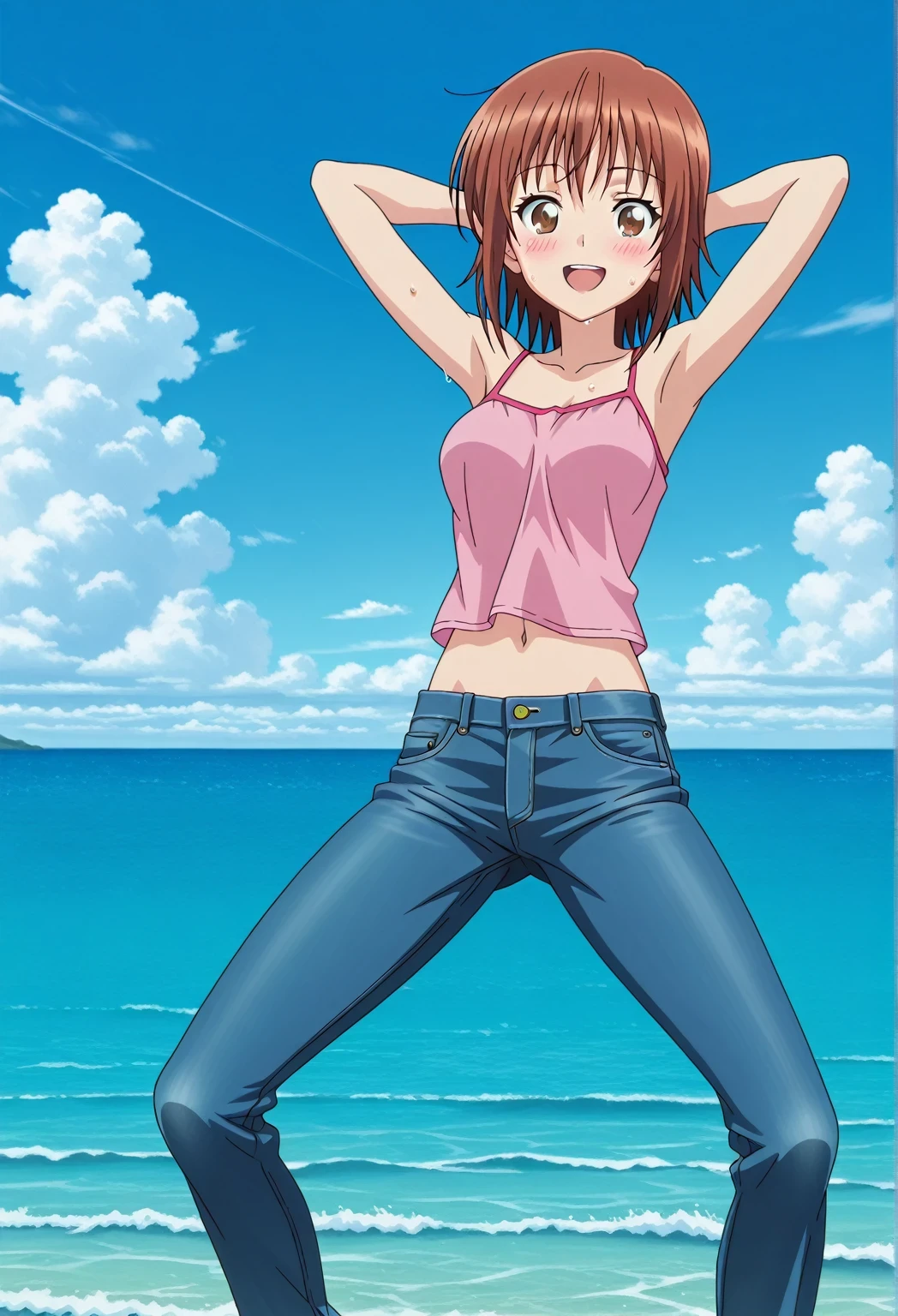 score_9, score_8_up, score_7_up, source_anime, highres, hi res, ((best quality, top quality, perfect quality, Highest Quality, amazing quality)), {{masterpiece}}, {{an extremely delicate and beautiful}}, 2d, intricate details, official style, anime, 8k, anime style, official_anime, official art, digital painting, cell shading, soft shading, high resolution, soothing tones, Subdued Color, Soft cinematic light, adobe lightroom, photolab, HDR, intricately and hyper-detailed, ((high quality animation)), 1 girl, Alone, solo, ((ocean)), tsunami, on the water, day, sunny, outdoors, sky, windy, chisa kotegawa, short hair, bangs, brown hair, brown eyes, anime screencap, medium breasts, pink camisole top, crop top, pink crop top, best quality, hyper-detailed jeans, ((blue jeans:1.9)), (dark blue jeans:0.6), full medium body, medium shot, Open mouth, smiling, happy face, blush, sweat, standing, ((arms behind head:6.0)), bowlegged, jumping pose, action, looking at viewer, spread legs, Bend knees slightly, straight-on front view