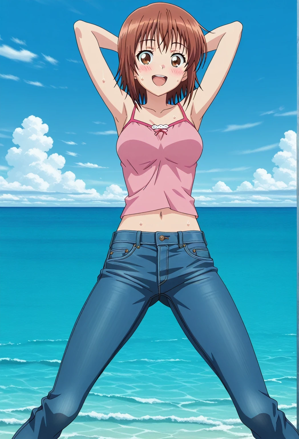 score_9, score_8_up, score_7_up, source_anime, highres, hi res, ((best quality, top quality, perfect quality, Highest Quality, amazing quality)), {{masterpiece}}, {{an extremely delicate and beautiful}}, 2d, intricate details, official style, anime, 8k, anime style, official_anime, official art, digital painting, cell shading, soft shading, high resolution, soothing tones, Subdued Color, Soft cinematic light, adobe lightroom, photolab, HDR, intricately and hyper-detailed, ((high quality animation)), 1 girl, Alone, solo, ((ocean)), tsunami, on the water, day, sunny, outdoors, sky, windy, chisa kotegawa, short hair, bangs, brown hair, brown eyes, anime screencap, medium breasts, pink camisole top, crop top, pink crop top, best quality, hyper-detailed jeans, ((blue jeans:1.9)), (dark blue jeans:0.6), full medium body, medium shot, Open mouth, smiling, happy face, blush, sweat, standing, ((arms behind head:6.0)), bowlegged, jumping pose, action, looking at viewer, spread legs, Bend knees slightly, straight-on front view