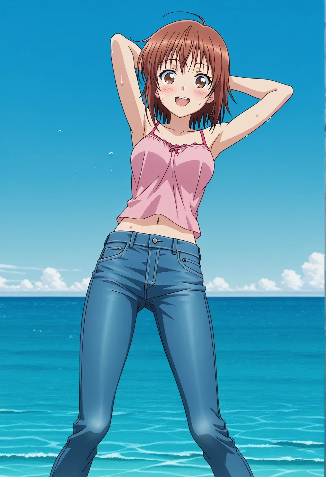 score_9, score_8_up, score_7_up, source_anime, highres, hi res, ((best quality, top quality, perfect quality, Highest Quality, amazing quality)), {{masterpiece}}, {{an extremely delicate and beautiful}}, 2d, intricate details, official style, anime, 8k, anime style, official_anime, official art, digital painting, cell shading, soft shading, high resolution, soothing tones, Subdued Color, Soft cinematic light, adobe lightroom, photolab, HDR, intricately and hyper-detailed, ((high quality animation)), 1 girl, Alone, solo, ((ocean)), tsunami, on the water, day, sunny, outdoors, sky, windy, chisa kotegawa, short hair, bangs, brown hair, brown eyes, anime screencap, medium breasts, pink camisole top, crop top, pink crop top, best quality, hyper-detailed jeans, ((blue jeans:1.9)), (dark blue jeans:0.6), full medium body, medium shot, Open mouth, smiling, happy face, blush, sweat, standing, ((arms behind head:6.0)), bowlegged, jumping pose, action, looking at viewer, spread legs, Bend knees slightly, straight-on front view