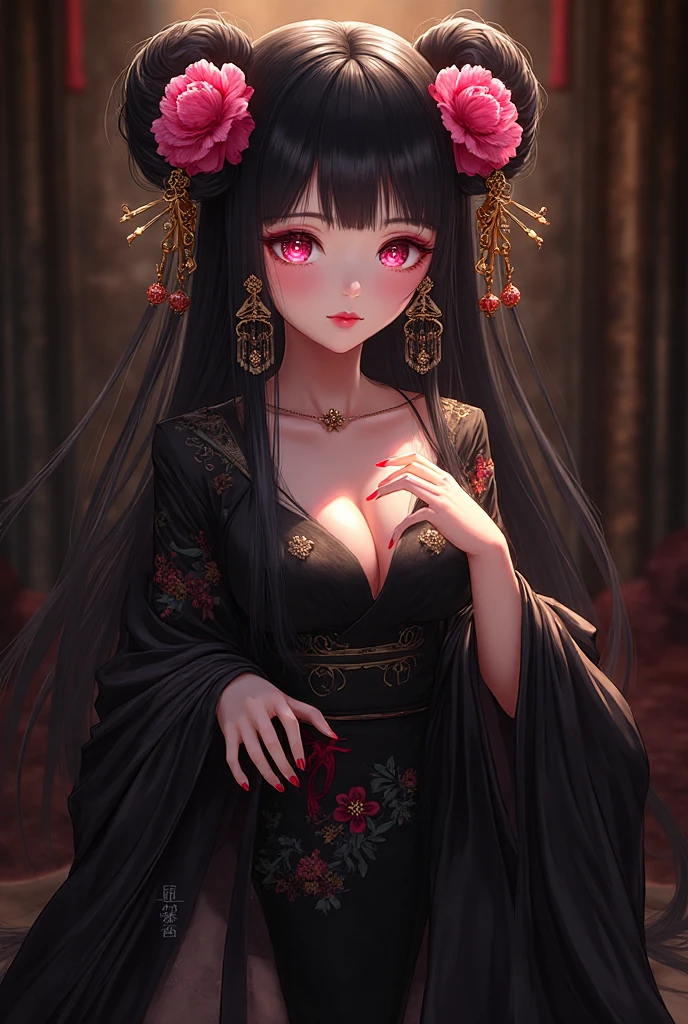 ​(best quality, masterpiece:1.2), anime style, 1girl, Jusetsu, a beautiful young woman with a voluptuous body and alluring curves, fair skin, beautiful expressive face with an enigmatic gaze, large pink eyes, pink eyeshadow with red eyeliner, red lipstick, long silky black hair styled in two high buns (odango), (two large pink peonies pinned under the buns:1.3), adorned with intricate jade and gold hair ornaments and hairpins, long dangling jade and gold earrings, wearing an elegant black hanfu, (black satin outer robe intricately embroidered with flowers and leaves:1.2), ruqun patterned with flower-eating birds, a black silk shawl draped over her shoulders, (a dark red osmanthus flower-shaped burn mark on her left wrist:1.1), sensual and elegant pose, dramatic and intimate lighting, luxurious and dark palace interior background, high-resolution digital art, intricate details.