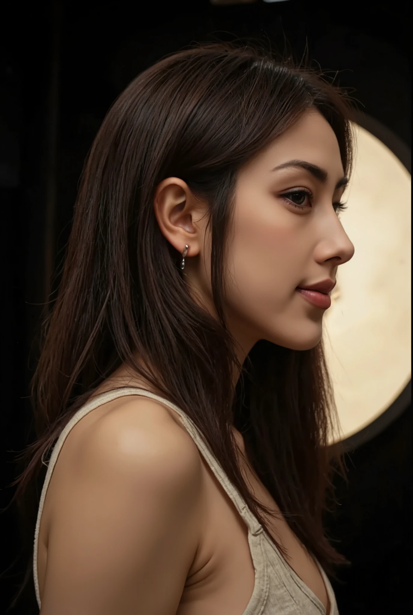 Beautiful asian muscle woman smiling open mouth , close-up half body , , cleavage visible  , happy vibes beauty smile , perfect hands , auto correct detail fingers