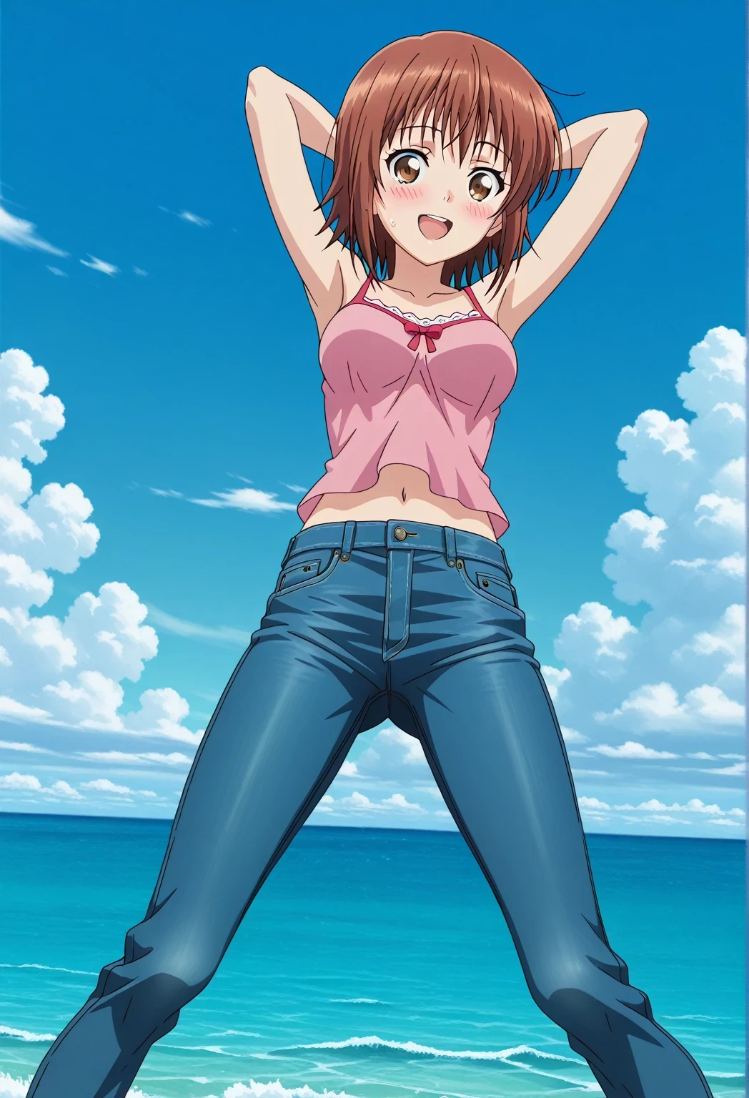 score_9, score_8_up, score_7_up, source_anime, highres, hi res, ((best quality, top quality, perfect quality, Highest Quality, amazing quality)), {{masterpiece}}, {{an extremely delicate and beautiful}}, 2d, intricate details, official style, anime, 8k, anime style, official_anime, official art, digital painting, cell shading, soft shading, high resolution, soothing tones, Subdued Color, Soft cinematic light, adobe lightroom, photolab, HDR, intricately and hyper-detailed, ((high quality animation)), 1 girl, Alone, solo, ((ocean)), tsunami, on the water, day, sunny, outdoors, sky, windy, chisa kotegawa, short hair, bangs, brown hair, brown eyes, anime screencap, medium breasts, pink camisole top, crop top, pink crop top, best quality, hyper-detailed jeans, ((blue jeans:1.9)), (dark blue jeans:0.6), full medium body, medium shot, Open mouth, smiling, happy face, blush, sweat, standing, ((arms behind head:6.0)), bowlegged, jumping pose, action, looking at viewer, spread legs, Bend knees slightly, straight-on front view
