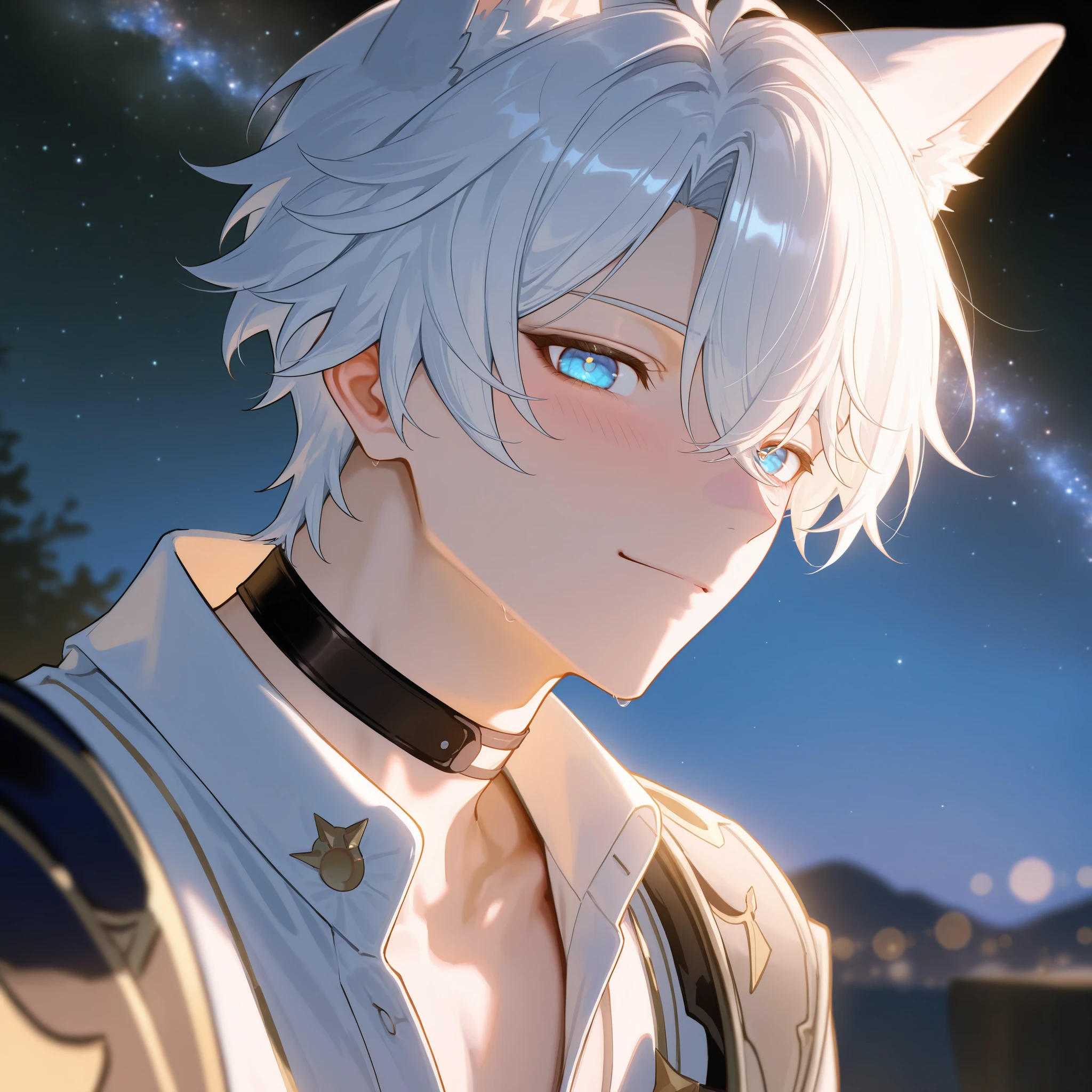  score_9, score_8_up, score_7_up, masterpiece, best quality, detailed face, 1 boy solo, handsome, mature, slender body, light makeup, closed mouth, blushing
phainon \(honkai star rail\), white hair, blue eyes, dog ears, white unbuttoned shirt, black choker,
outdoor background, starry sky, happy, hair flow, night, depth of field, bloom, soft lighting, best composition, looking at viewer, from the side, dynamic, character focus, close up,
