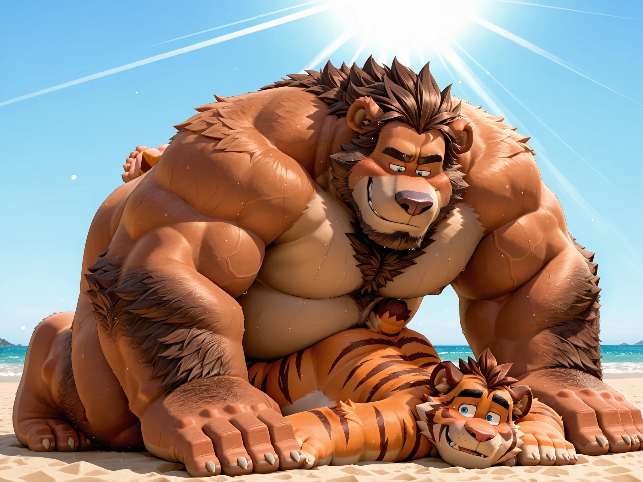  hairy and hairy bear on top of a young man, Tiger bear, campo de bestia, plump, horrible arms,   strong muscles  , plump face, Black eyebrows, sky blue eyes, beard, ironic smile, Support the back of a man,    chest and belly   , lie down, Sunlight,  stinky  pastels , (sweat), por zixiong, Takemoto Arashi, thick cock, dark brown skin  ,  pastels, bull's snout   , Thick snout,    is sturdy     , feet with five fingers,  pastels sweatosos, The bear is placed on top of the young, oso tiene la thick cock y ancha