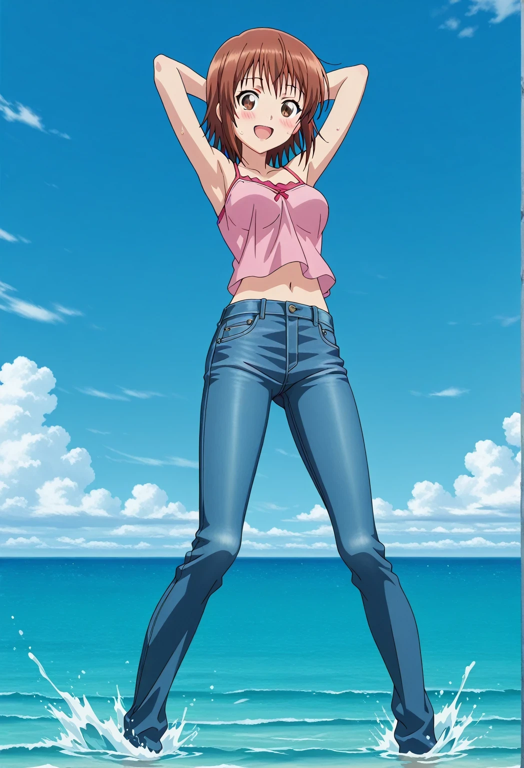 score_9, score_8_up, score_7_up, source_anime, highres, hi res, ((best quality, top quality, perfect quality, Highest Quality, amazing quality)), {{masterpiece}}, {{an extremely delicate and beautiful}}, 2d, intricate details, official style, anime, 8k, anime style, official_anime, official art, digital painting, cell shading, soft shading, high resolution, soothing tones, Subdued Color, Soft cinematic light, adobe lightroom, photolab, HDR, intricately and hyper-detailed, ((high quality animation)), 1 girl, Alone, solo, ((ocean)), tsunami, on the water, day, sunny, outdoors, sky, windy, chisa kotegawa, short hair, bangs, brown hair, brown eyes, anime screencap, medium breasts, pink camisole top, crop top, pink crop top, best quality, hyper-detailed jeans, ((blue jeans:1.9)), (dark blue jeans:0.6), full medium body, medium shot, Open mouth, smiling, happy face, blush, sweat, standing, ((arms behind head:6.0)), bowlegged, jumping pose, action, looking at viewer, spread legs, Bend knees slightly, straight-on front view
