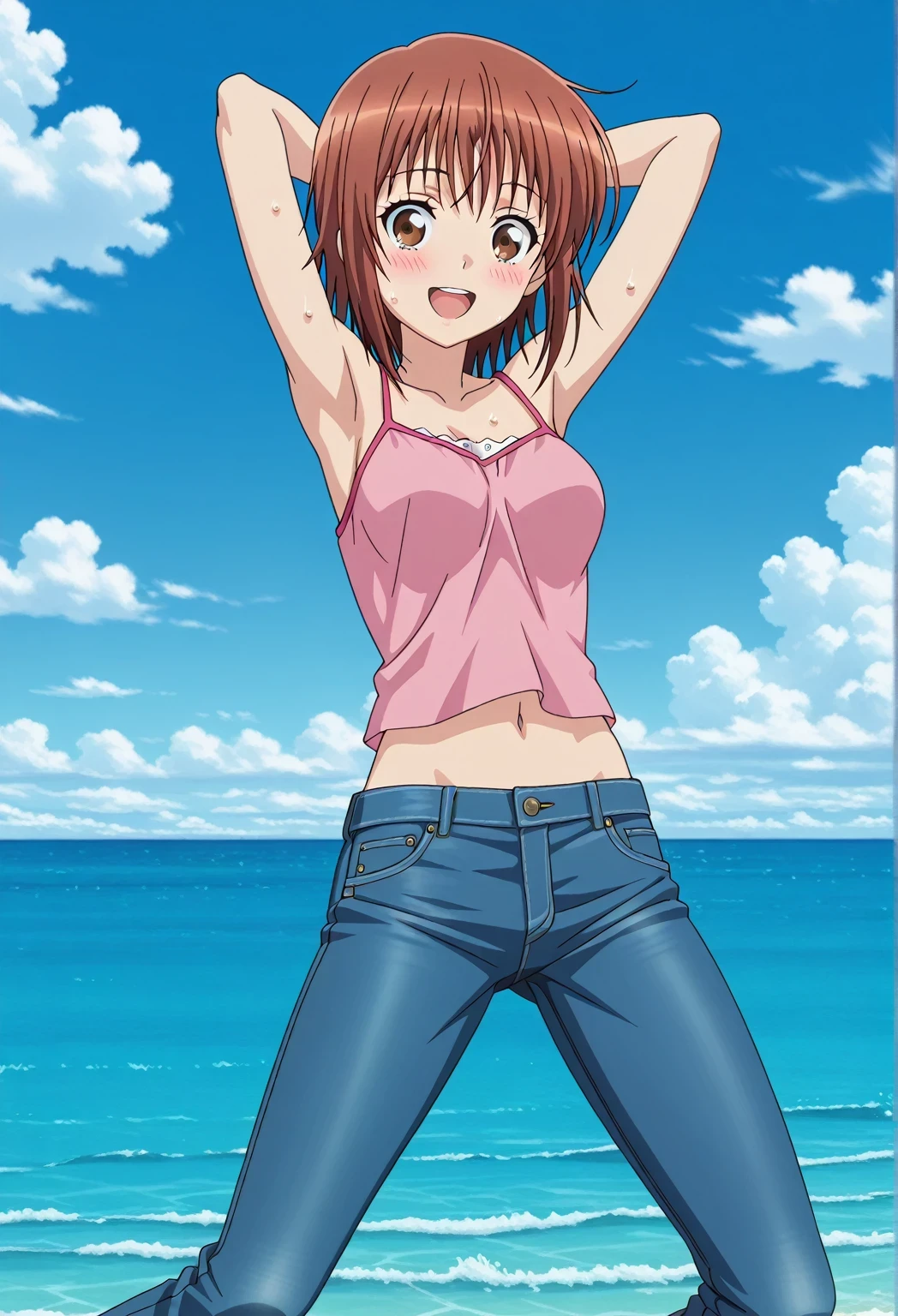 score_9, score_8_up, score_7_up, source_anime, highres, hi res, ((best quality, top quality, perfect quality, Highest Quality, amazing quality)), {{masterpiece}}, {{an extremely delicate and beautiful}}, 2d, intricate details, official style, anime, 8k, anime style, official_anime, official art, digital painting, cell shading, soft shading, high resolution, soothing tones, Subdued Color, Soft cinematic light, adobe lightroom, photolab, HDR, intricately and hyper-detailed, ((high quality animation)), 1 girl, Alone, solo, ((ocean)), tsunami, on the water, day, sunny, outdoors, sky, windy, chisa kotegawa, short hair, bangs, brown hair, brown eyes, anime screencap, medium breasts, pink camisole top, crop top, pink crop top, best quality, hyper-detailed jeans, ((blue jeans:1.9)), (dark blue jeans:0.6), full medium body, medium shot, Open mouth, smiling, happy face, blush, sweat, standing, ((arms behind head:6.0)), bowlegged, jumping pose, action, looking at viewer, spread legs, Bend knees slightly, straight-on front view